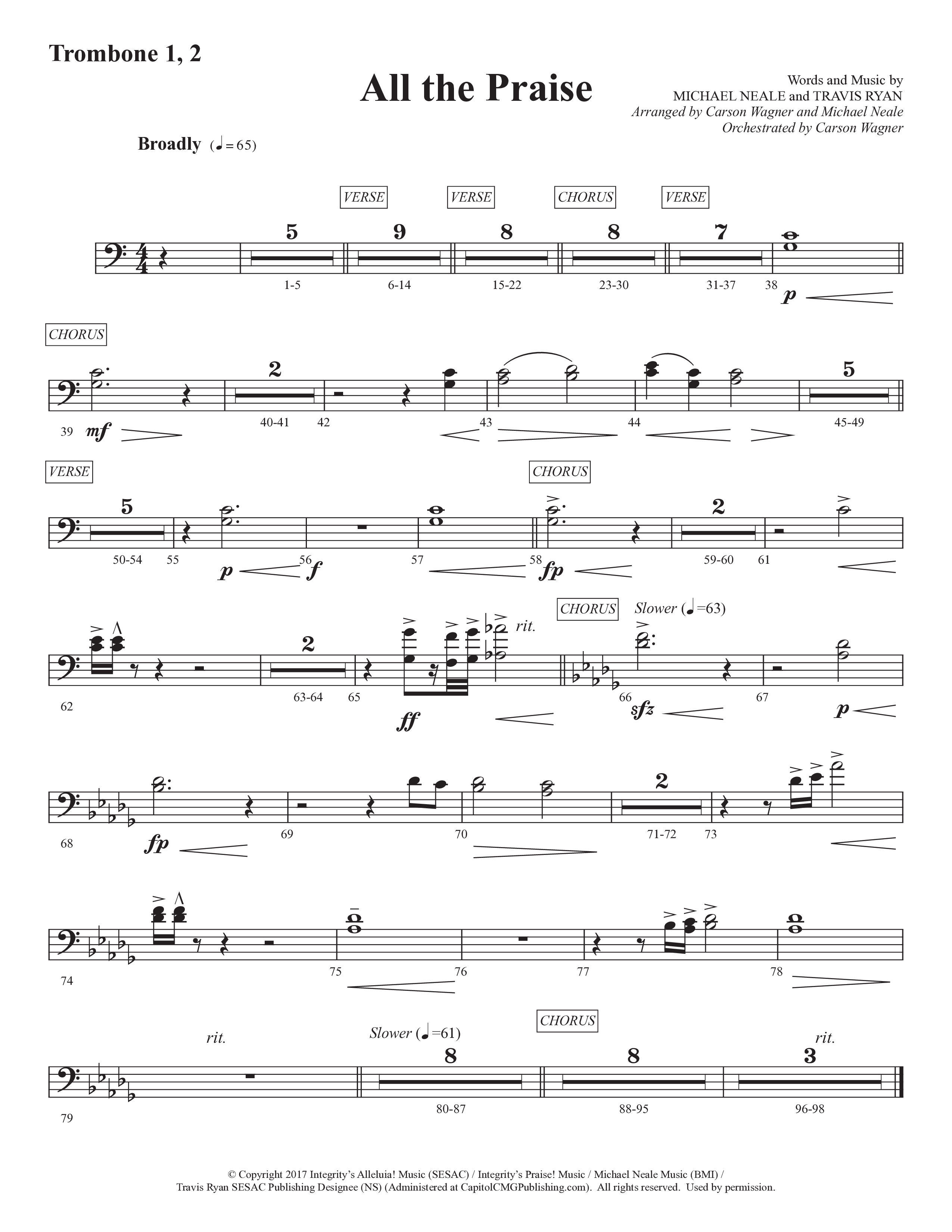 All The Praise (Choral Anthem SATB) Trombone 1/2 (Prestonwood Worship / Prestonwood Choir / Arr. Michael Neale / Orch. Carson Wagner)