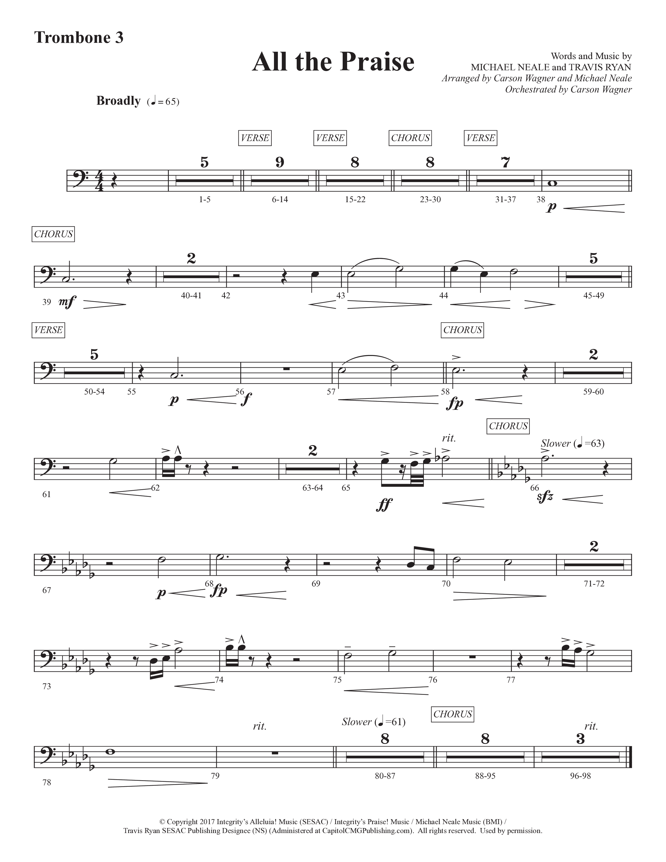 All The Praise (Choral Anthem SATB) Trombone 3 (Prestonwood Worship / Prestonwood Choir / Arr. Michael Neale / Orch. Carson Wagner)