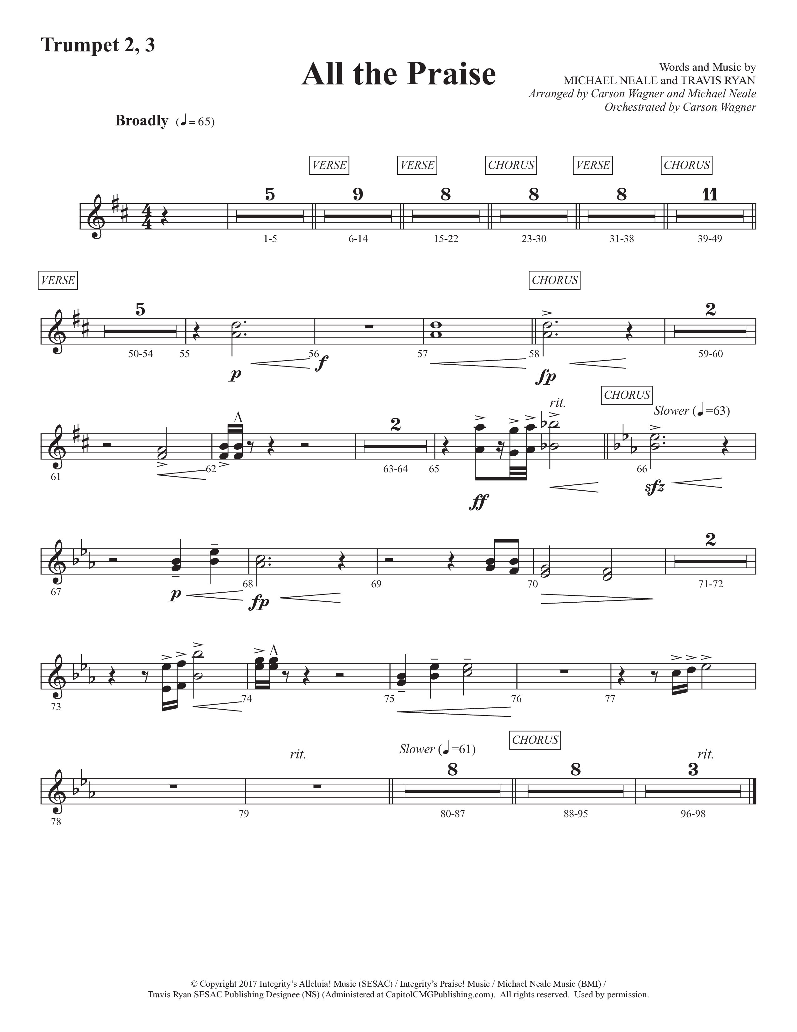 All The Praise (Choral Anthem SATB) Trumpet 2/3 (Prestonwood Worship / Prestonwood Choir / Arr. Michael Neale / Orch. Carson Wagner)