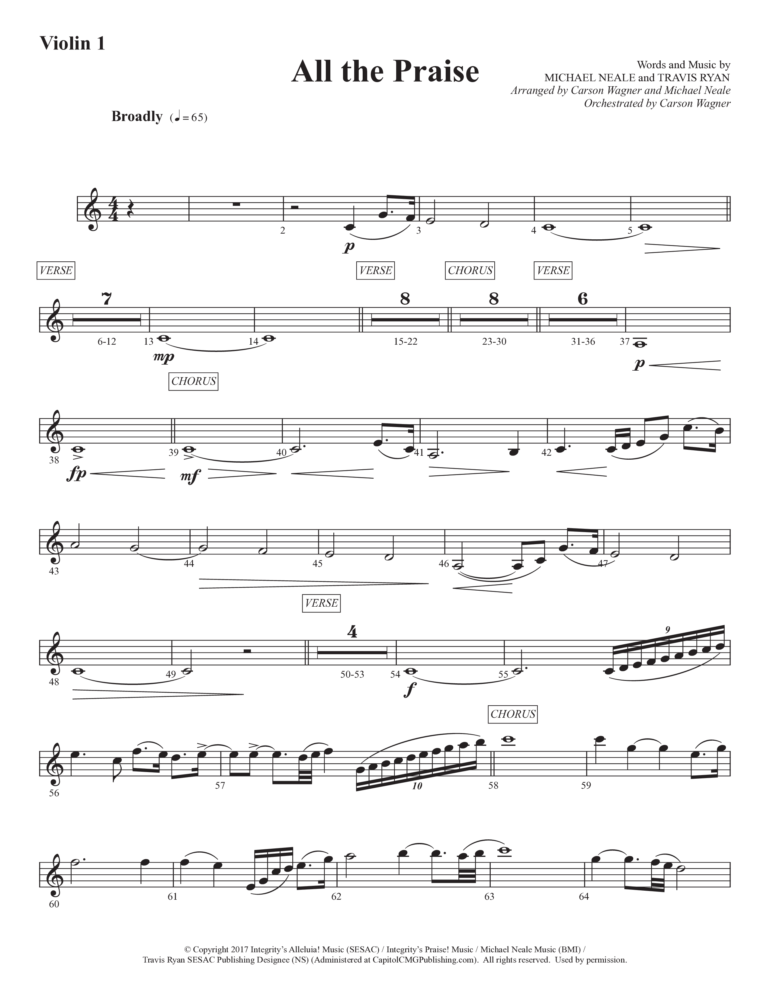 All The Praise (Choral Anthem SATB) Violin 1 (Prestonwood Worship / Prestonwood Choir / Arr. Michael Neale / Orch. Carson Wagner)