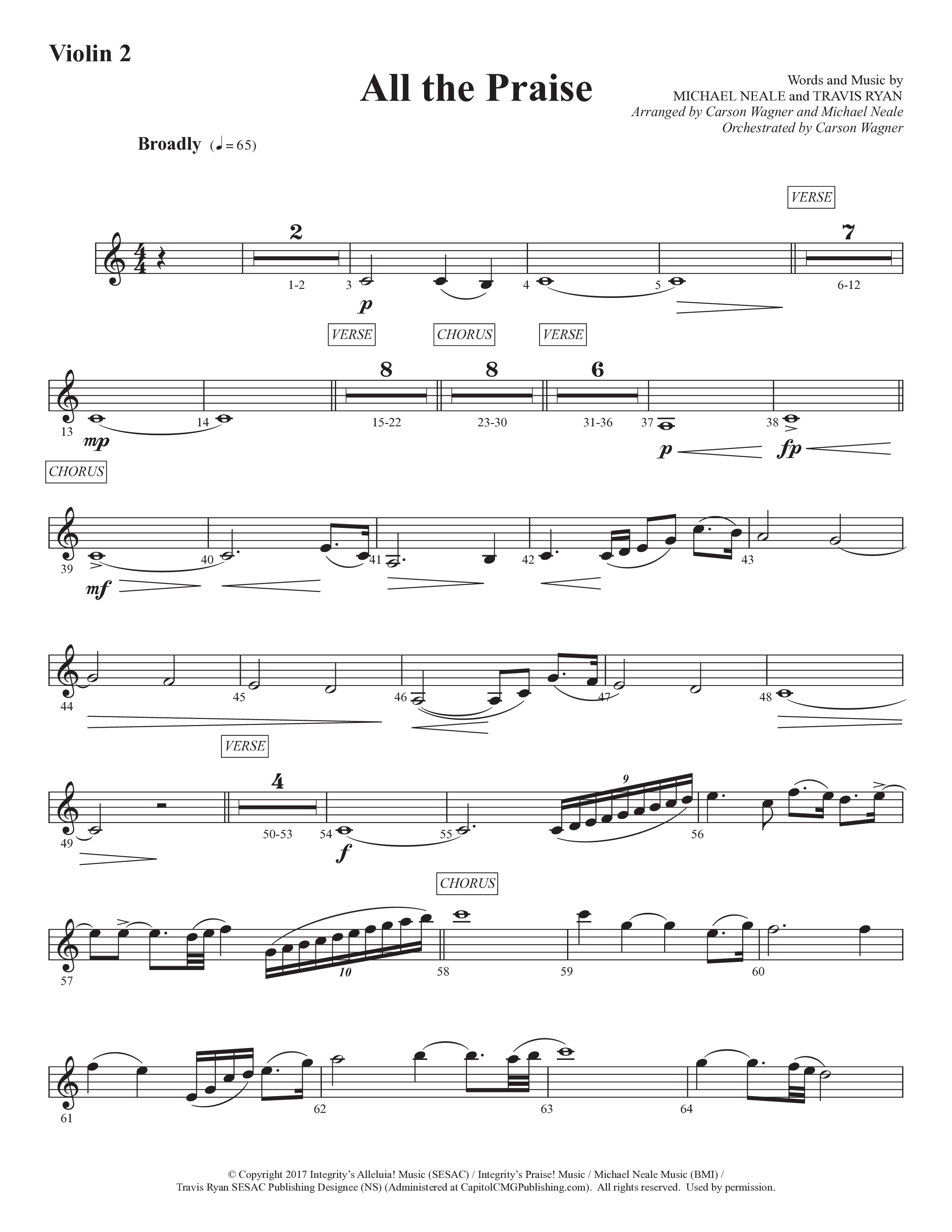 All The Praise (Choral Anthem SATB) Violin 2 (Prestonwood Worship / Prestonwood Choir / Arr. Michael Neale / Orch. Carson Wagner)