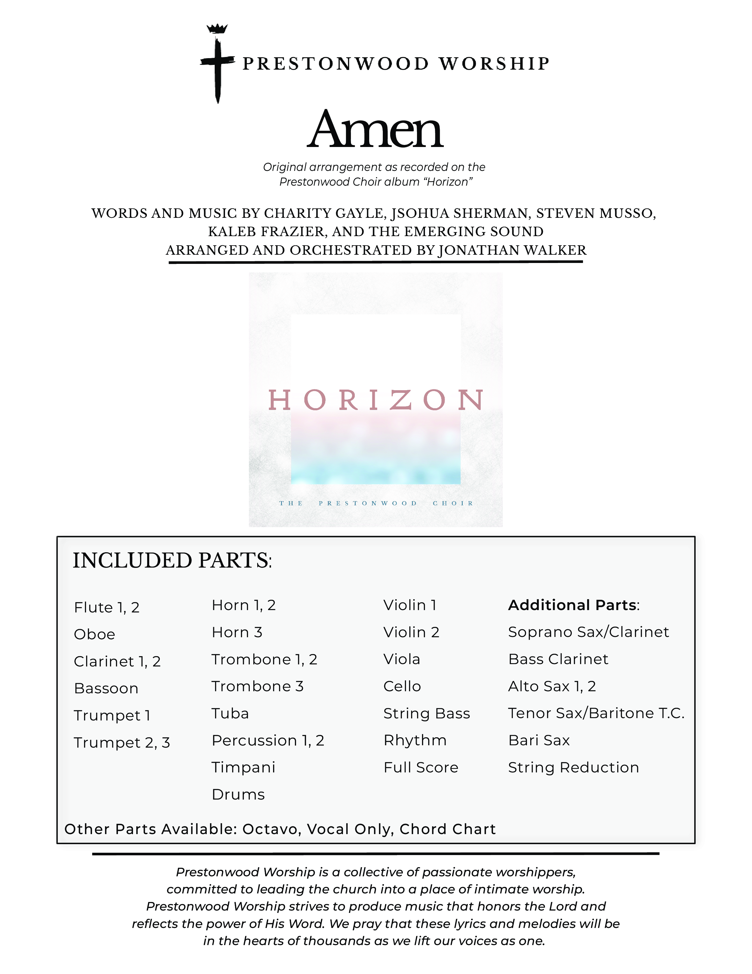 Amen (Choral Anthem SATB) Orchestration (Prestonwood Worship / Prestonwood Choir / Arr. Jonathan Walker)