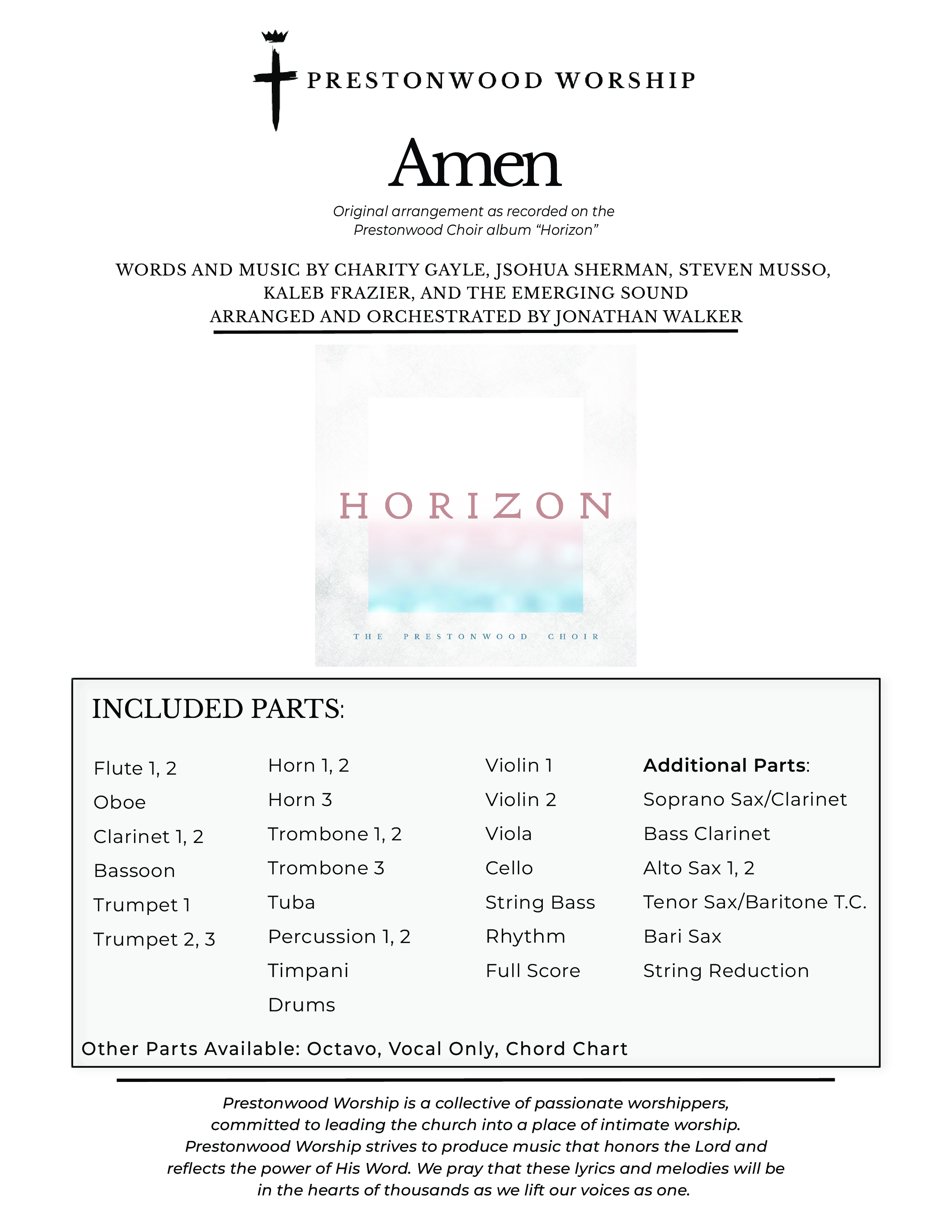 Amen (Choral Anthem SATB) Cover Sheet (Prestonwood Worship / Prestonwood Choir / Arr. Jonathan Walker)