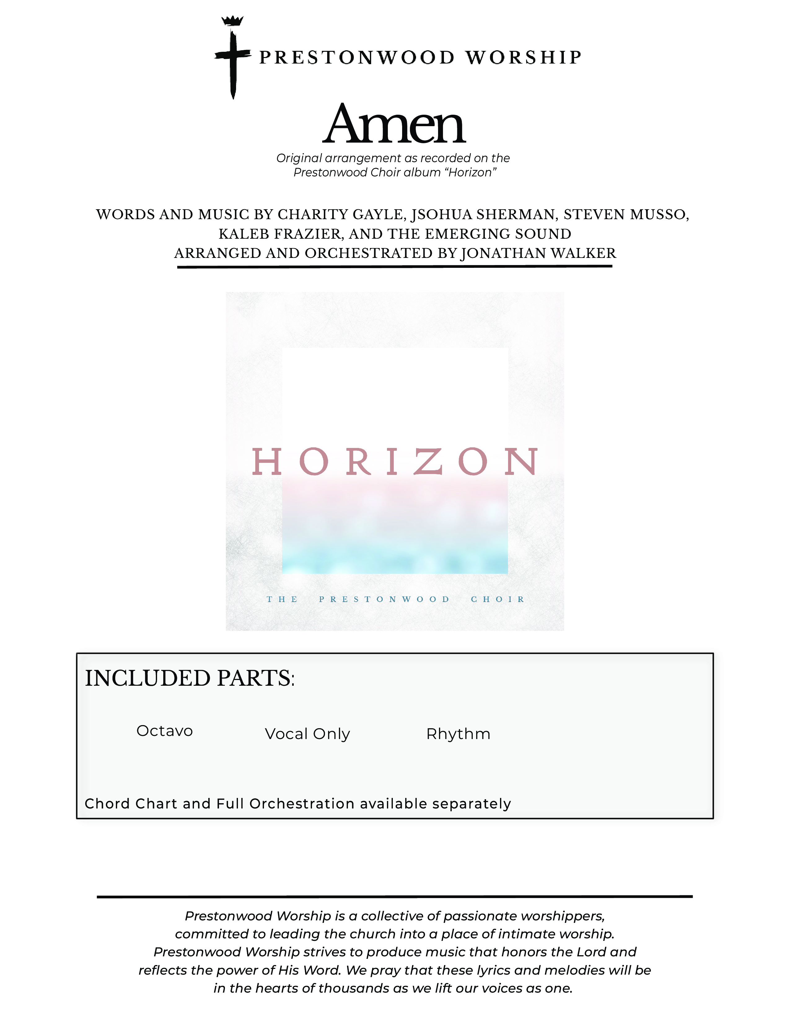 Amen (Choral Anthem SATB) Cover Sheet (Prestonwood Worship / Prestonwood Choir / Arr. Jonathan Walker)