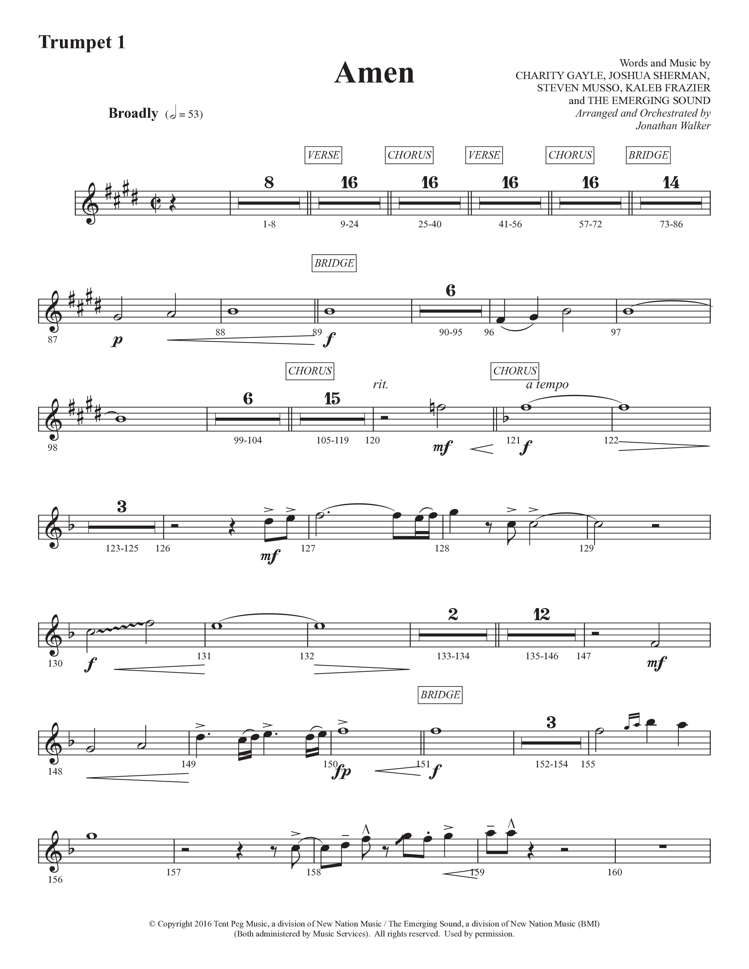 Amen (Choral Anthem SATB) Trumpet 1 (Prestonwood Worship / Prestonwood Choir / Arr. Jonathan Walker)