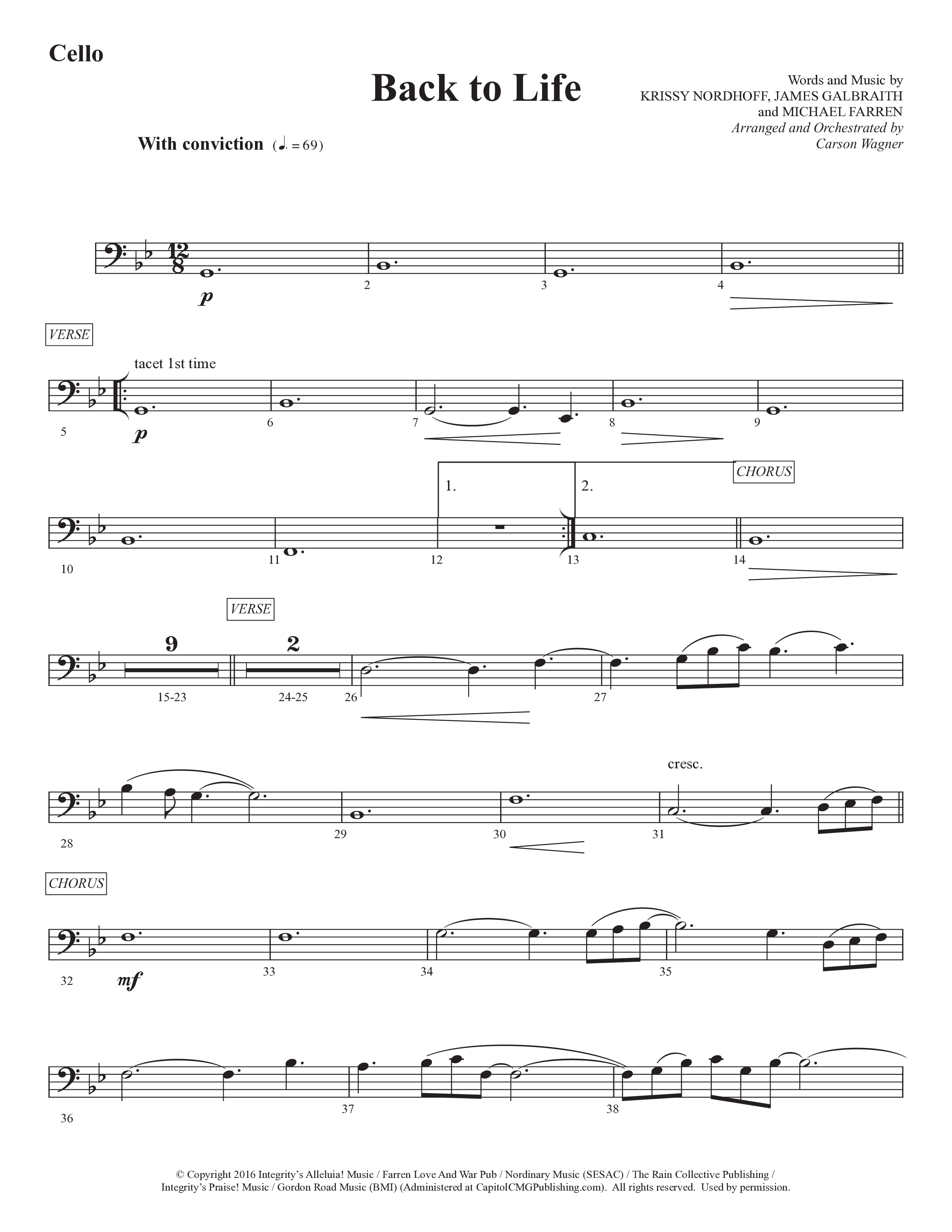 Back To Life (Choral Anthem SATB) Cello (Prestonwood Worship / Prestonwood Choir / Arr. Carson Wagner)