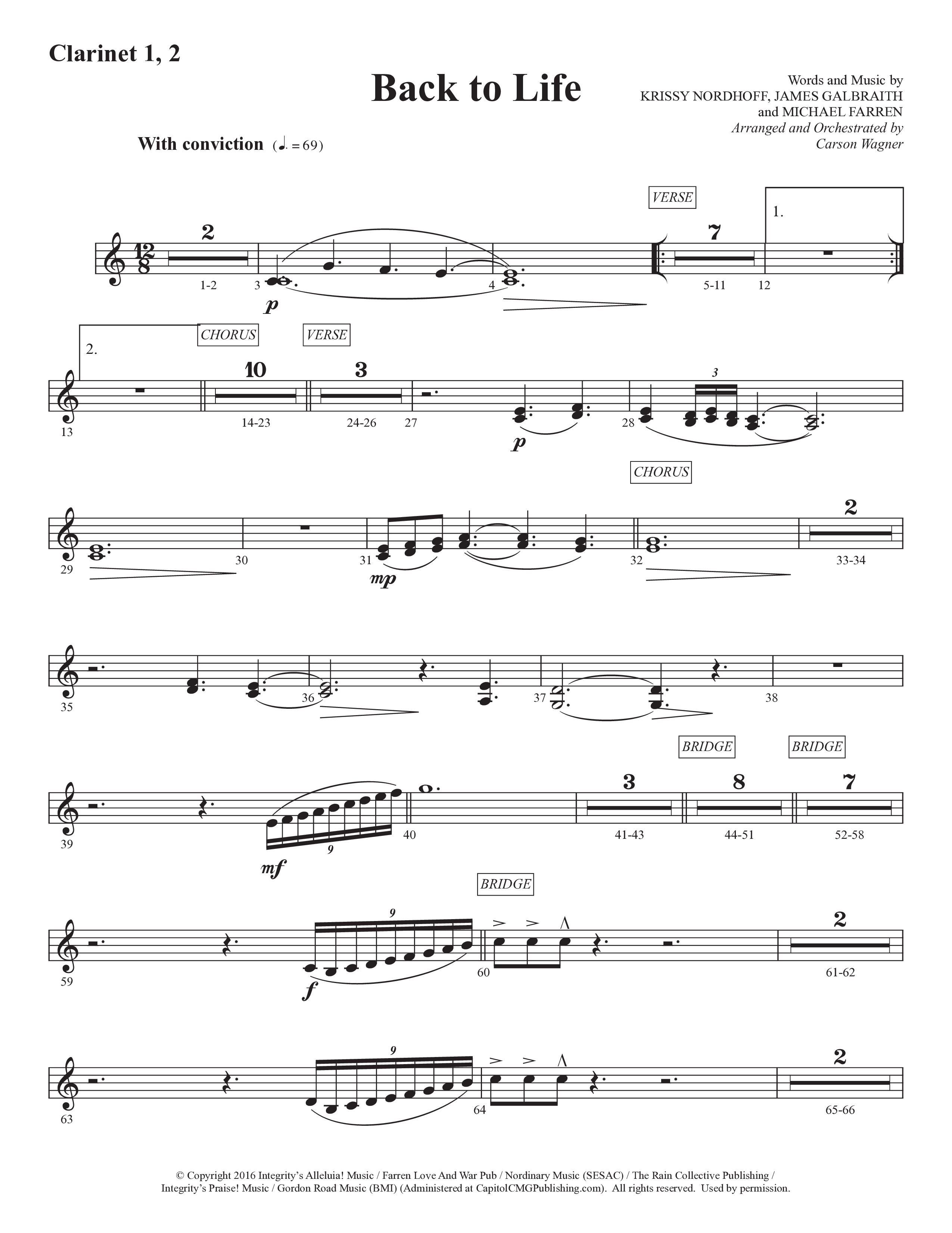 Back To Life (Choral Anthem SATB) Clarinet 1/2 (Prestonwood Worship / Prestonwood Choir / Arr. Carson Wagner)