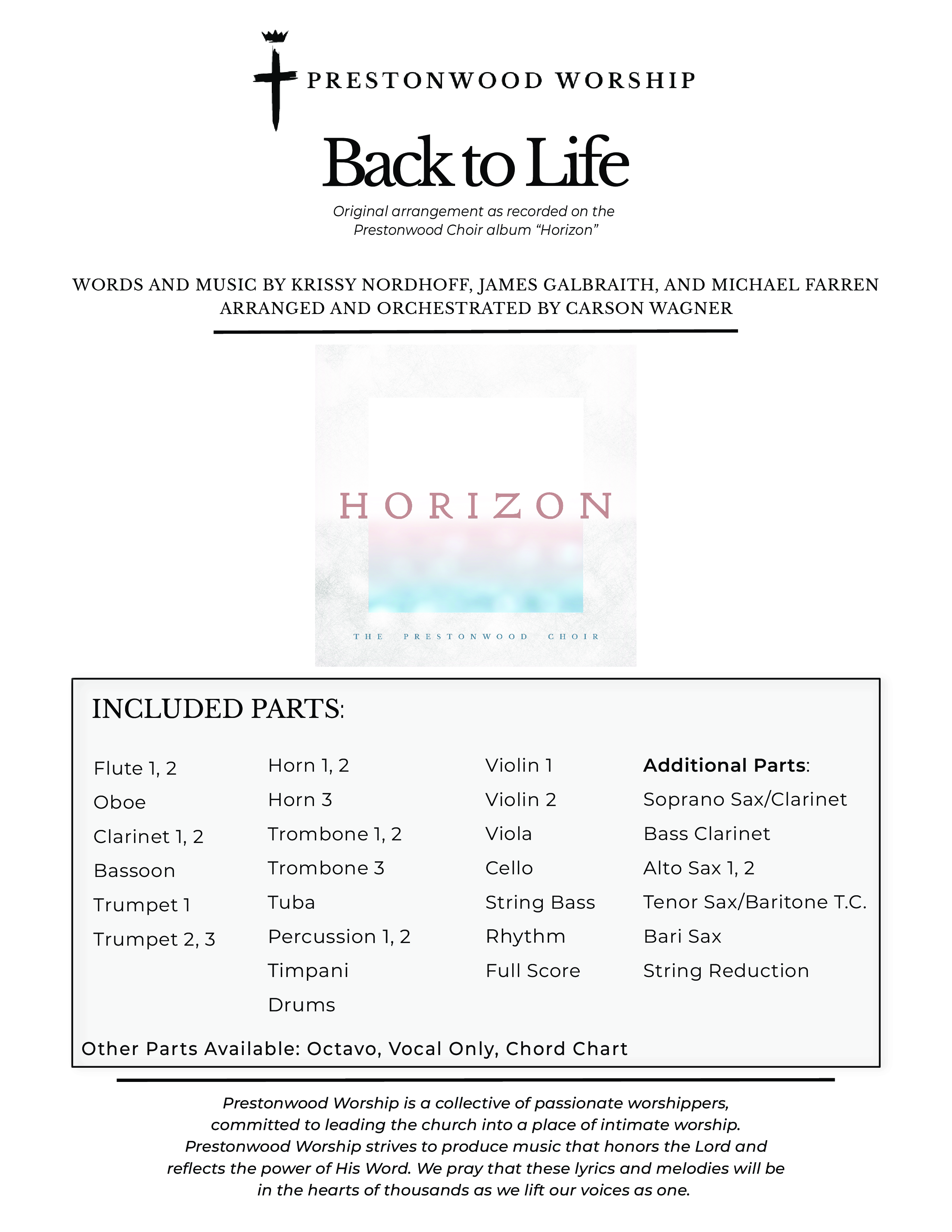 Back To Life (Choral Anthem SATB) Orchestration (Prestonwood Worship / Prestonwood Choir / Arr. Carson Wagner)