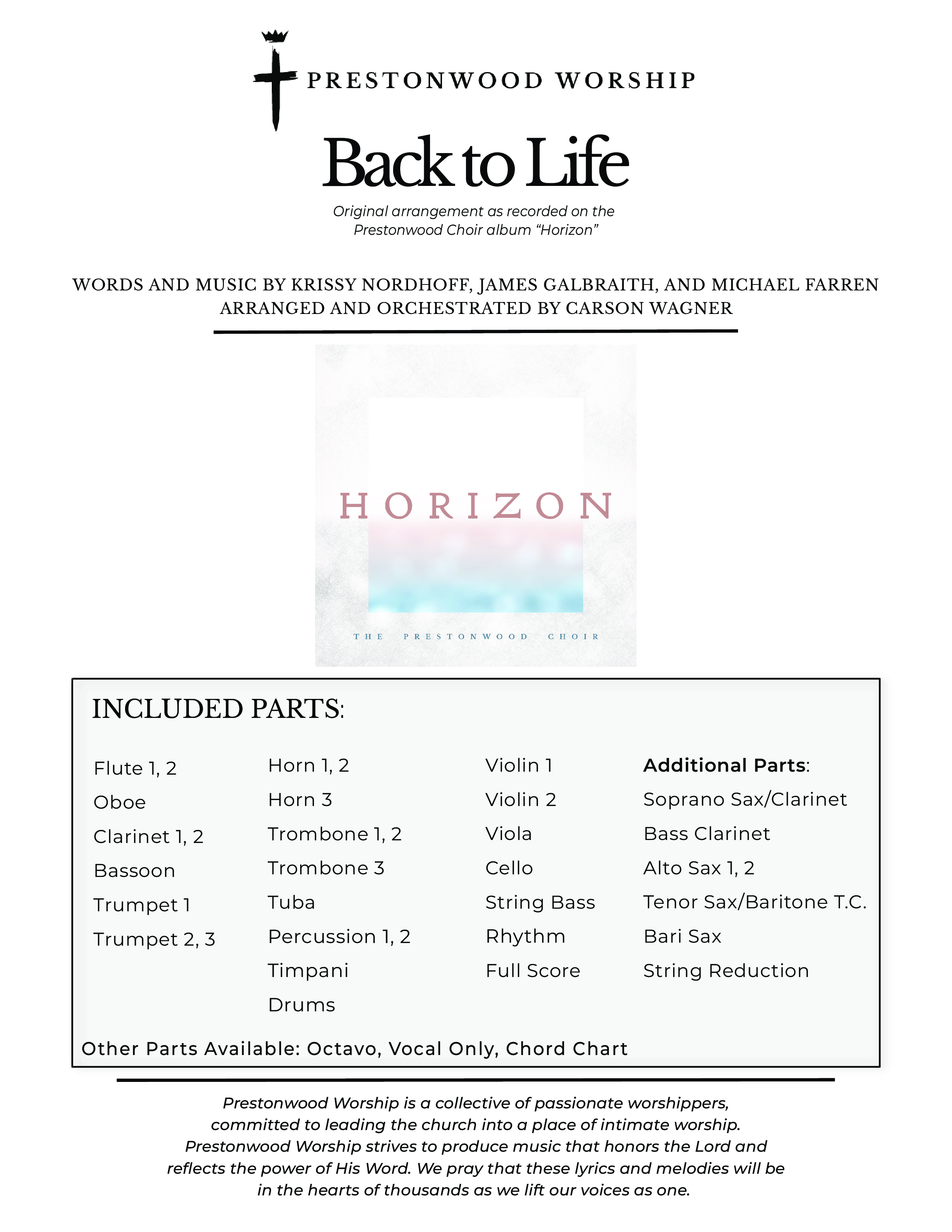 Back To Life (Choral Anthem SATB) Cover Sheet (Prestonwood Worship / Prestonwood Choir / Arr. Carson Wagner)
