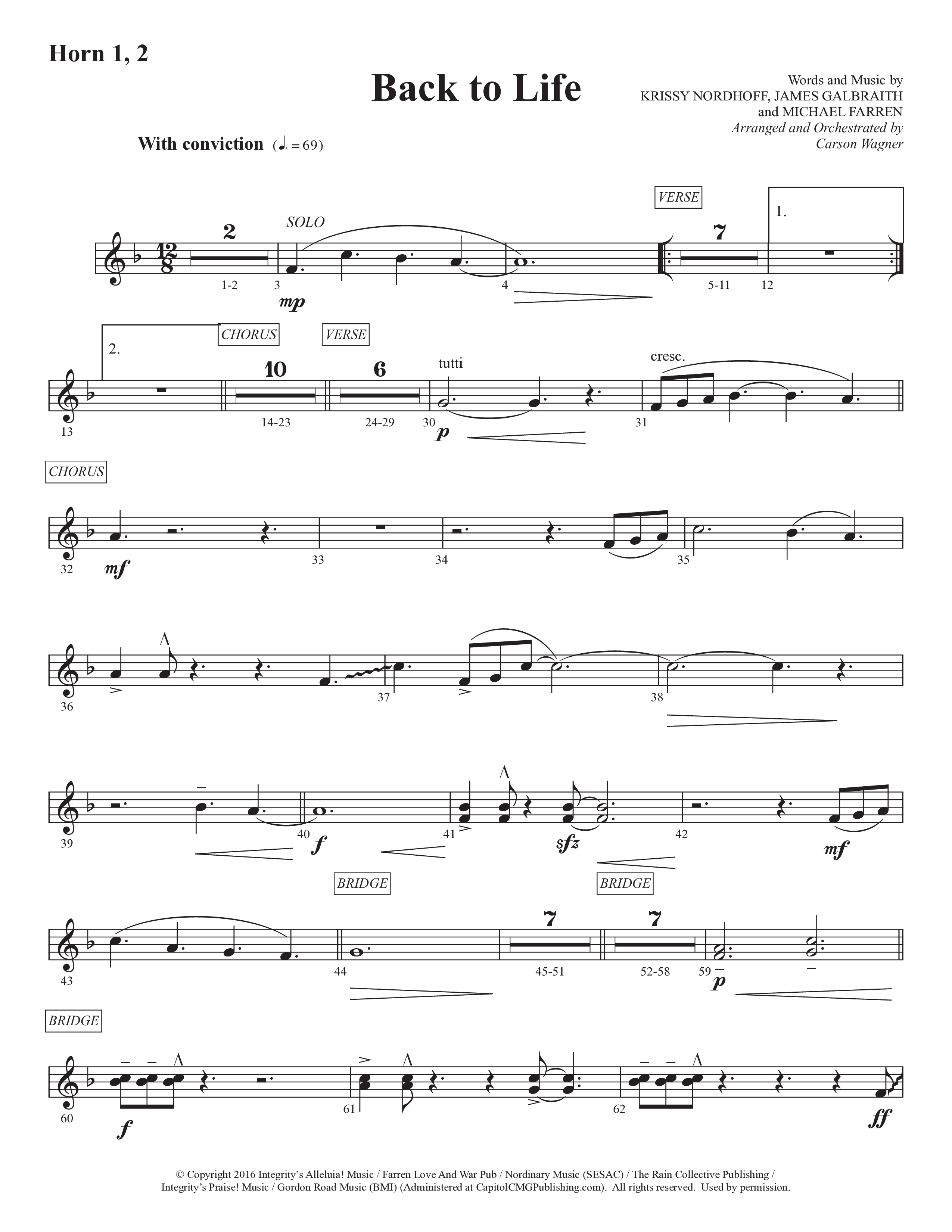 Back To Life (Choral Anthem SATB) French Horn 1/2 (Prestonwood Worship / Prestonwood Choir / Arr. Carson Wagner)