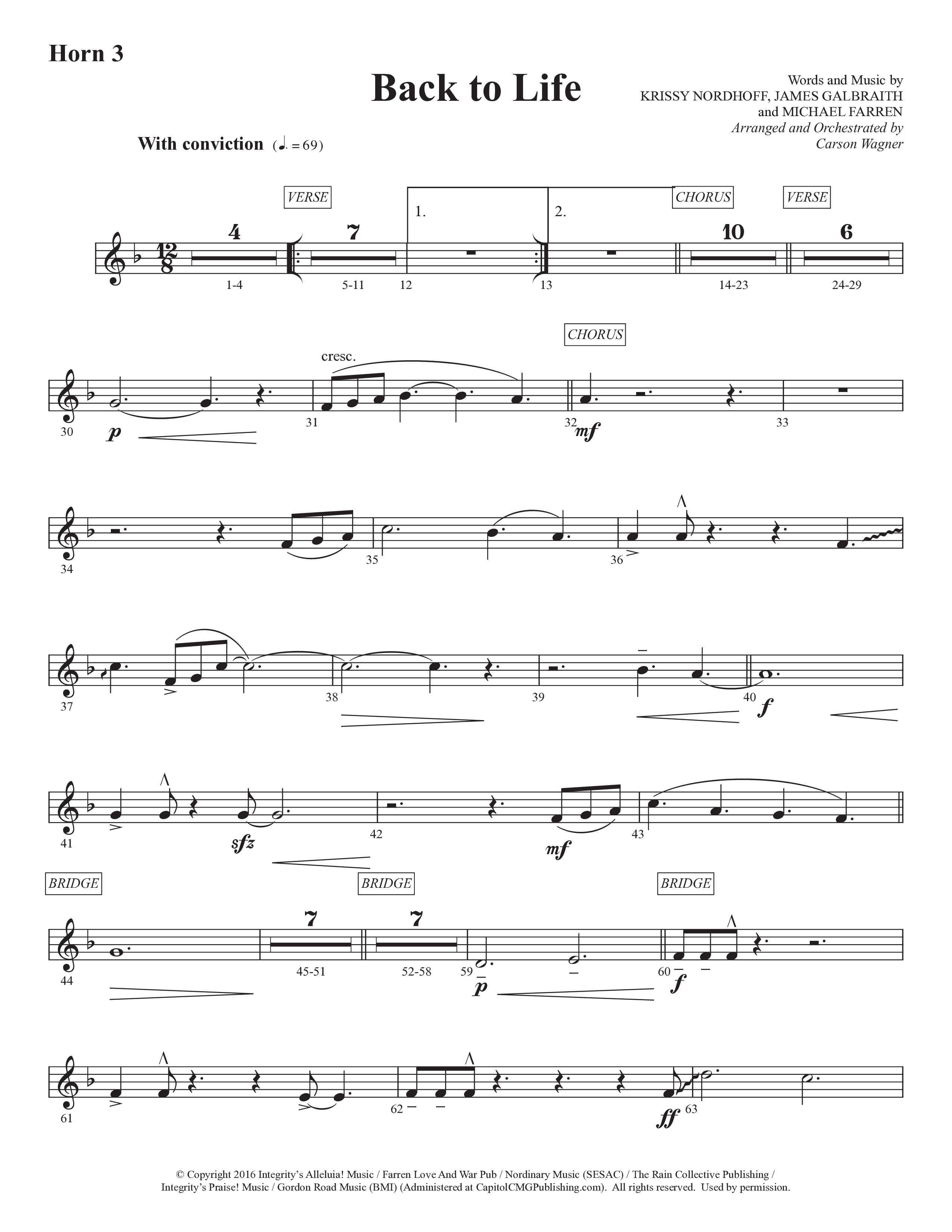 Back To Life (Choral Anthem SATB) French Horn 3 (Prestonwood Worship / Prestonwood Choir / Arr. Carson Wagner)