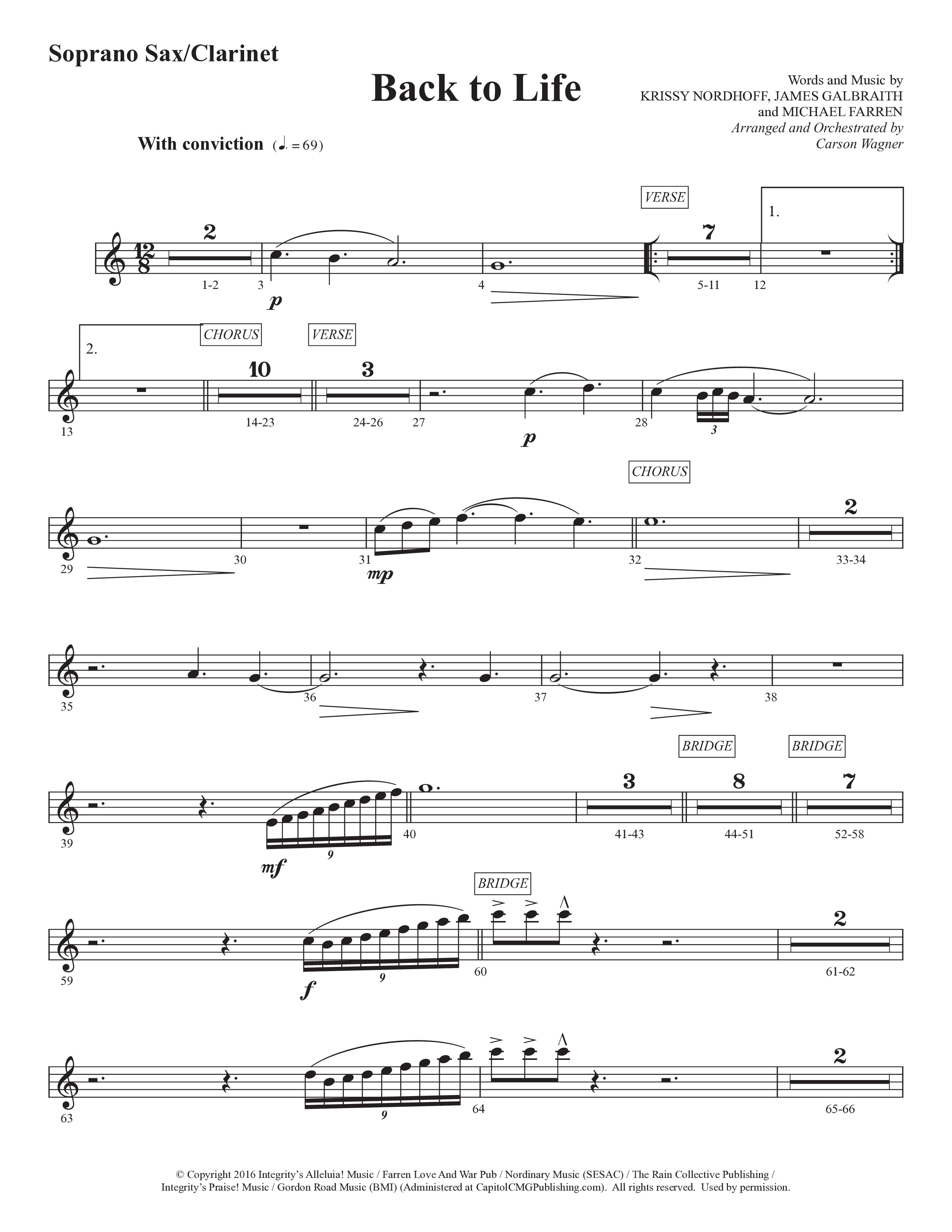 Back To Life (Choral Anthem SATB) Soprano Sax (Prestonwood Worship / Prestonwood Choir / Arr. Carson Wagner)