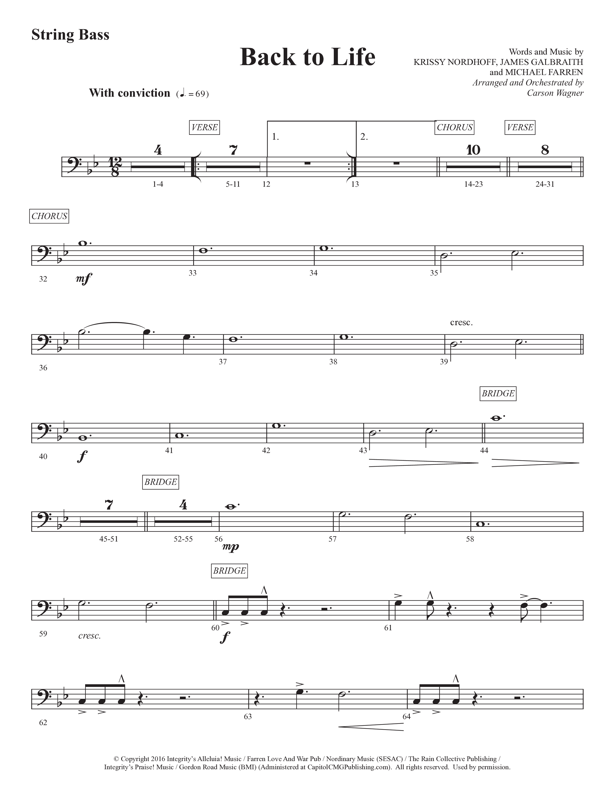 Back To Life (Choral Anthem SATB) String Bass (Prestonwood Worship / Prestonwood Choir / Arr. Carson Wagner)