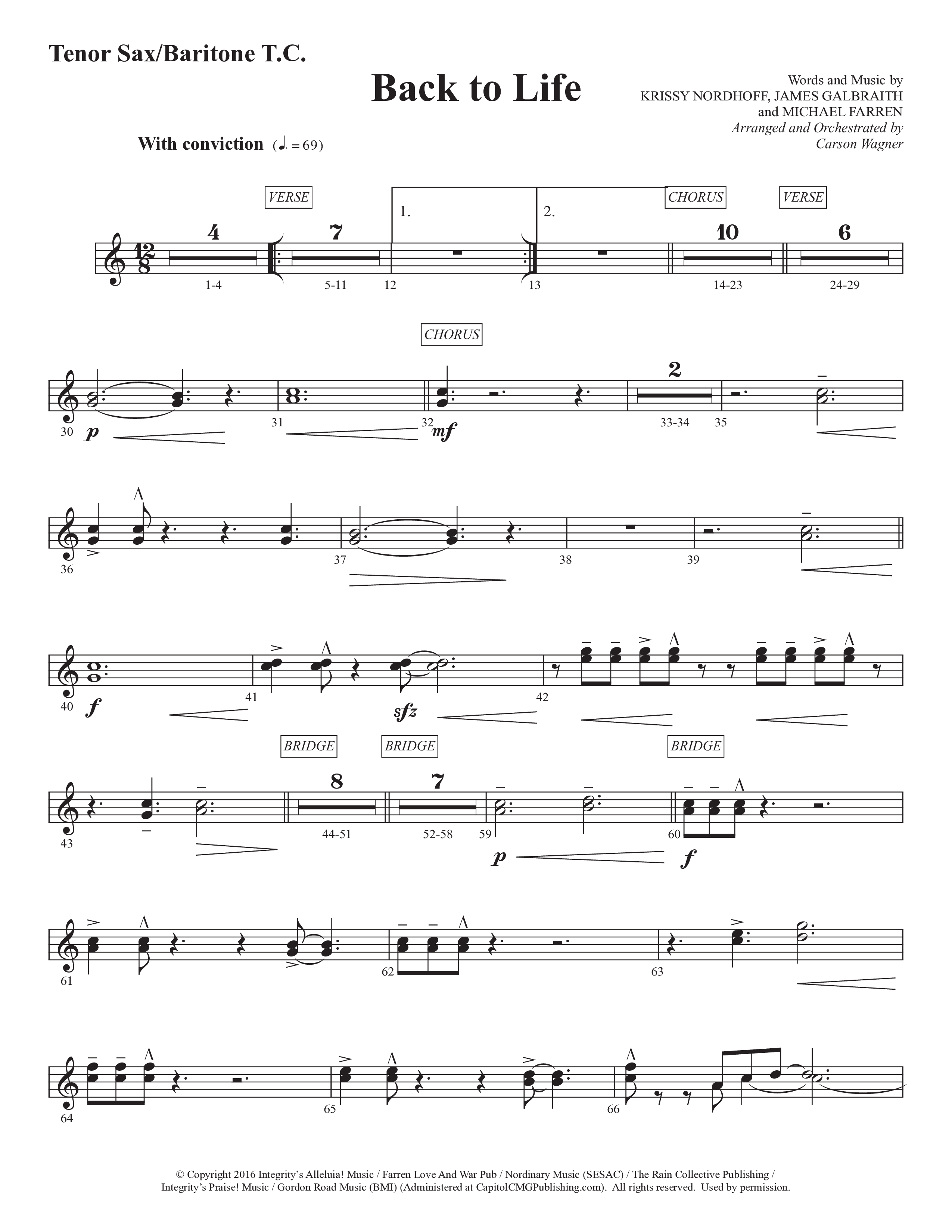 Back To Life (Choral Anthem SATB) Tenor Sax/Baritone T.C. (Prestonwood Worship / Prestonwood Choir / Arr. Carson Wagner)
