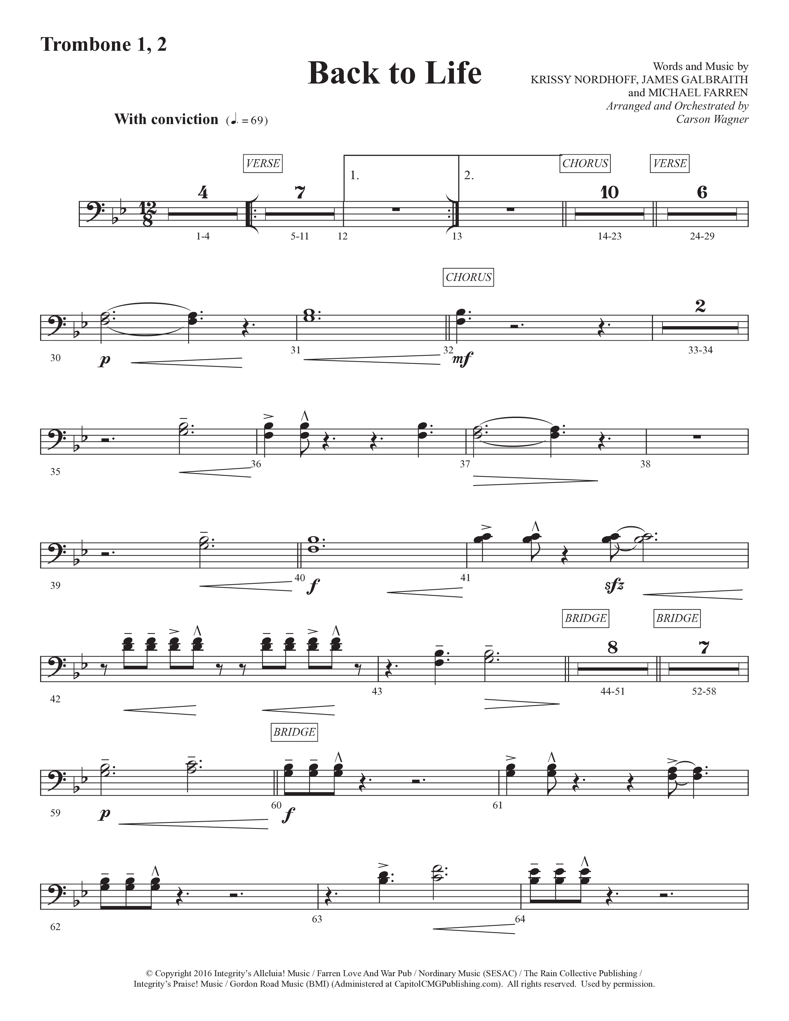 Back To Life (Choral Anthem SATB) Trombone 1/2 (Prestonwood Worship / Prestonwood Choir / Arr. Carson Wagner)