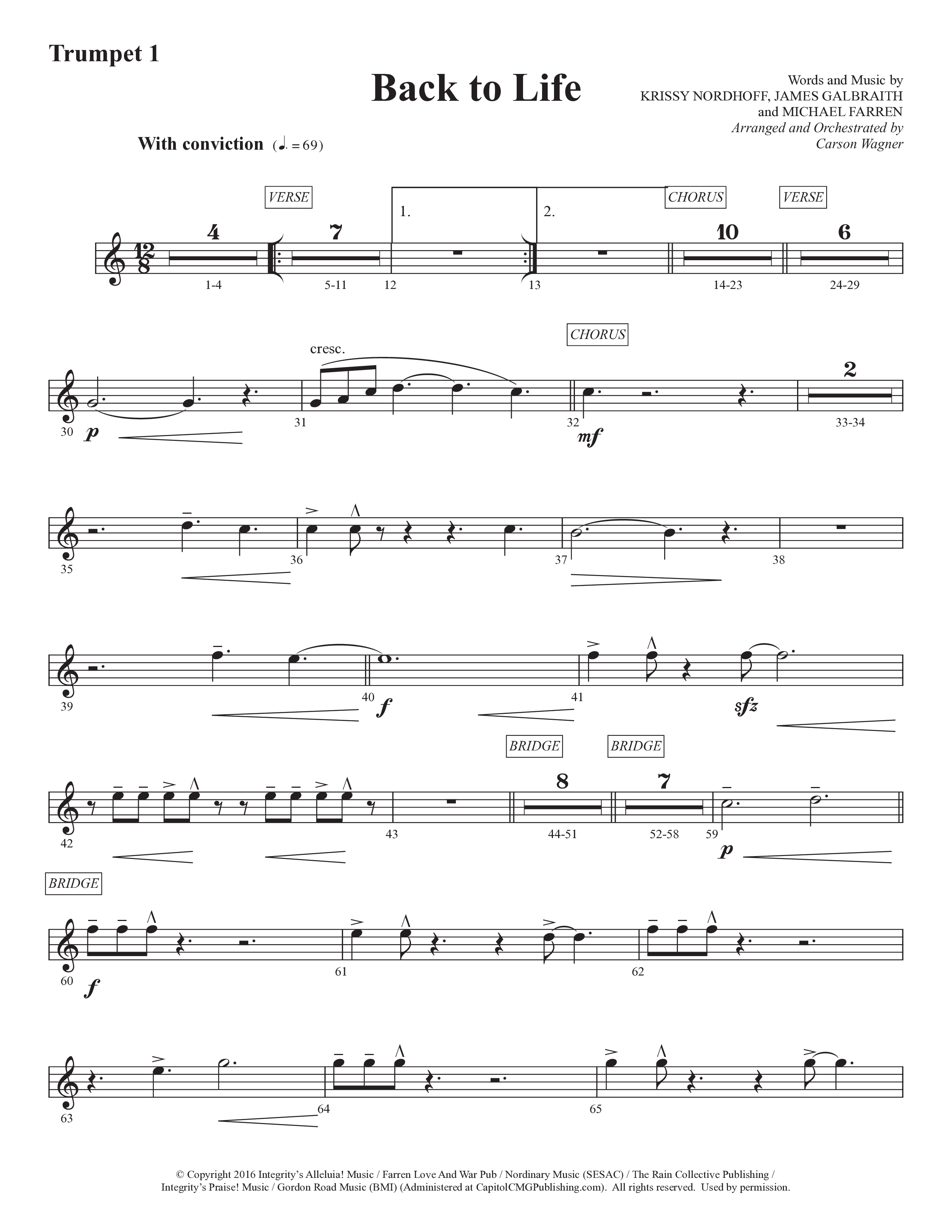 Back To Life (Choral Anthem SATB) Trumpet 1 (Prestonwood Worship / Prestonwood Choir / Arr. Carson Wagner)