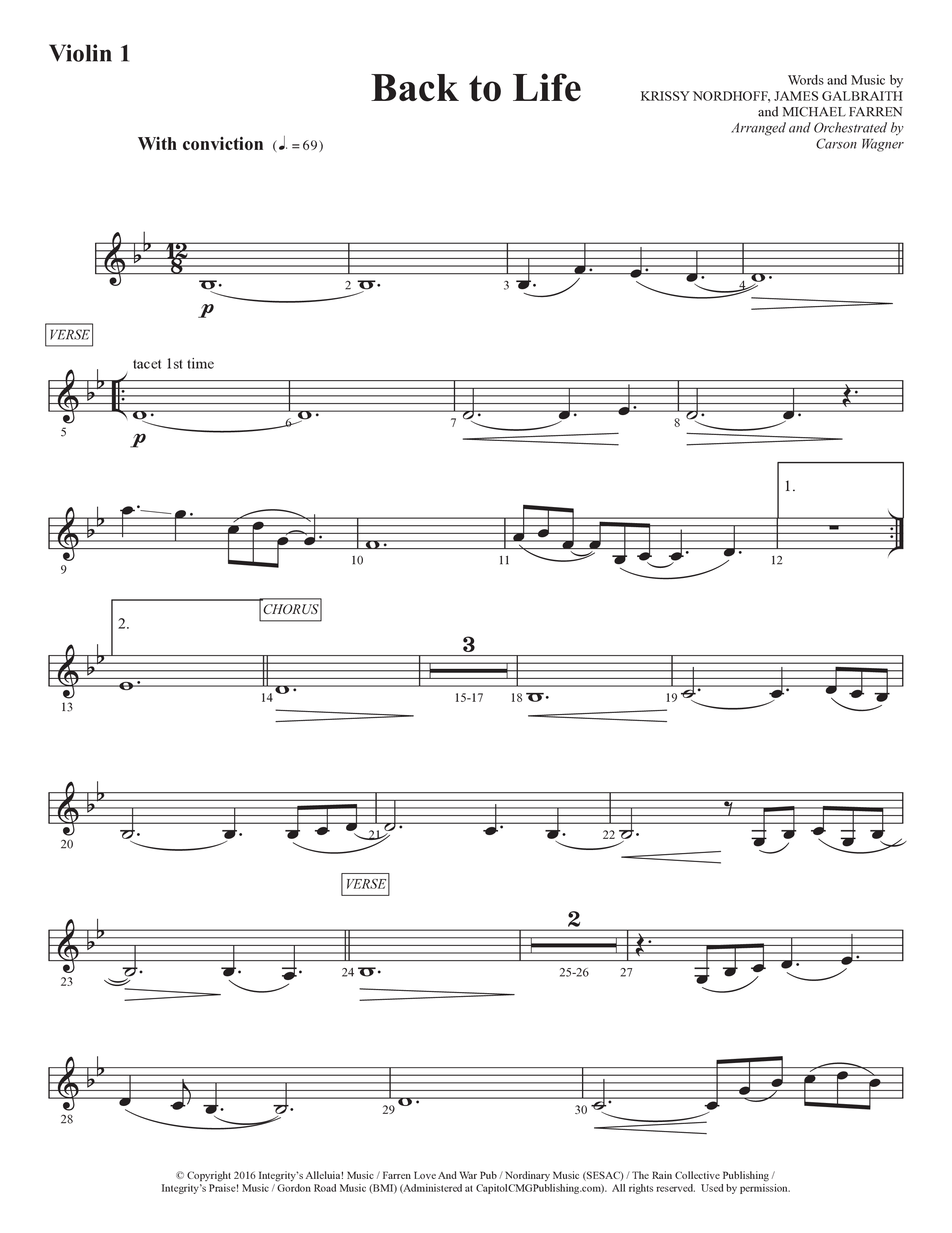 Back To Life (Choral Anthem SATB) Violin 1 (Prestonwood Worship / Prestonwood Choir / Arr. Carson Wagner)