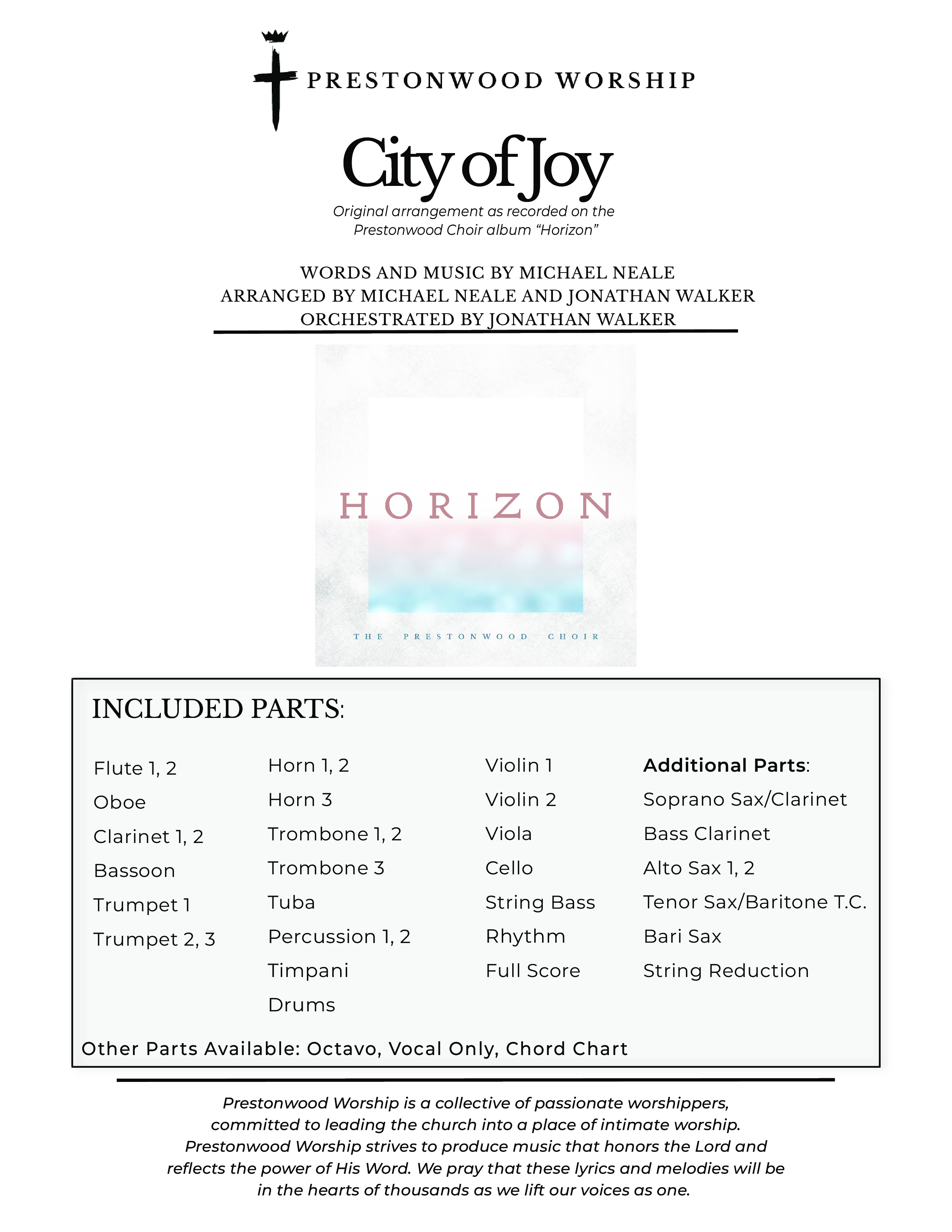 City Of Joy (Choral Anthem SATB) Orchestration (Prestonwood Worship / Prestonwood Choir / Arr. Michael Neale / Orch. Jonathan Walker)