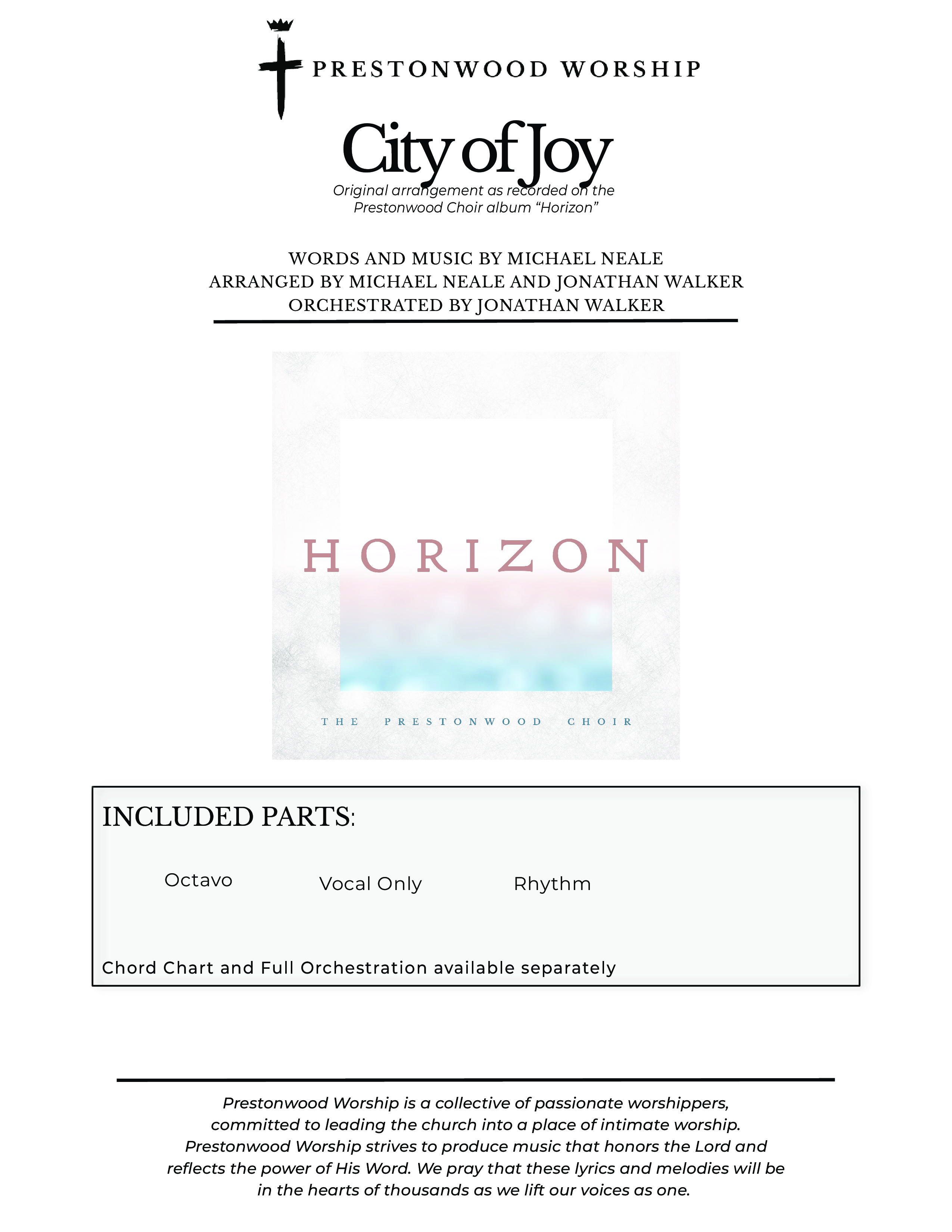 City Of Joy (Choral Anthem SATB) Cover Sheet (Prestonwood Worship / Prestonwood Choir / Arr. Michael Neale / Orch. Jonathan Walker)