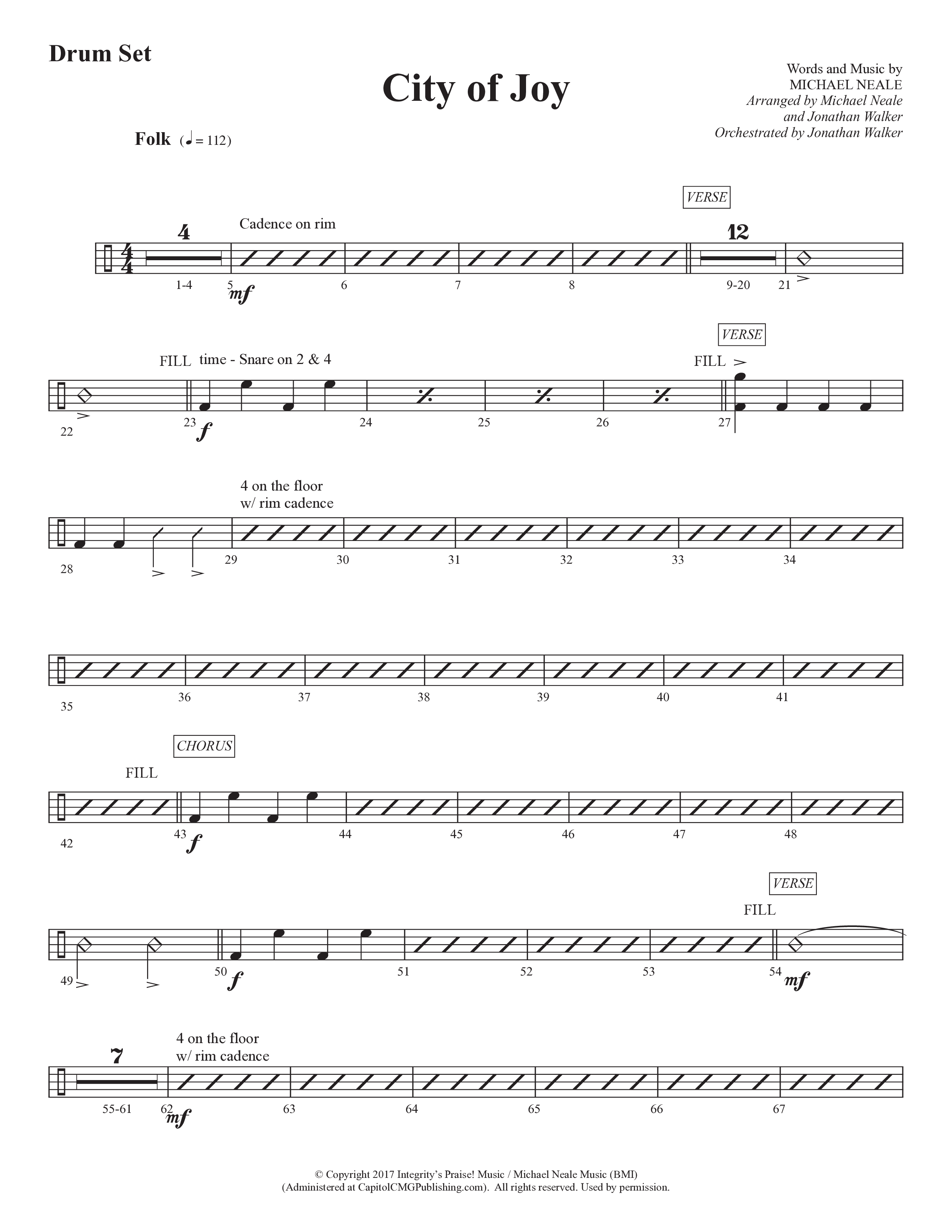 City Of Joy (Choral Anthem SATB) Drum Set (Prestonwood Worship / Prestonwood Choir / Arr. Michael Neale / Orch. Jonathan Walker)
