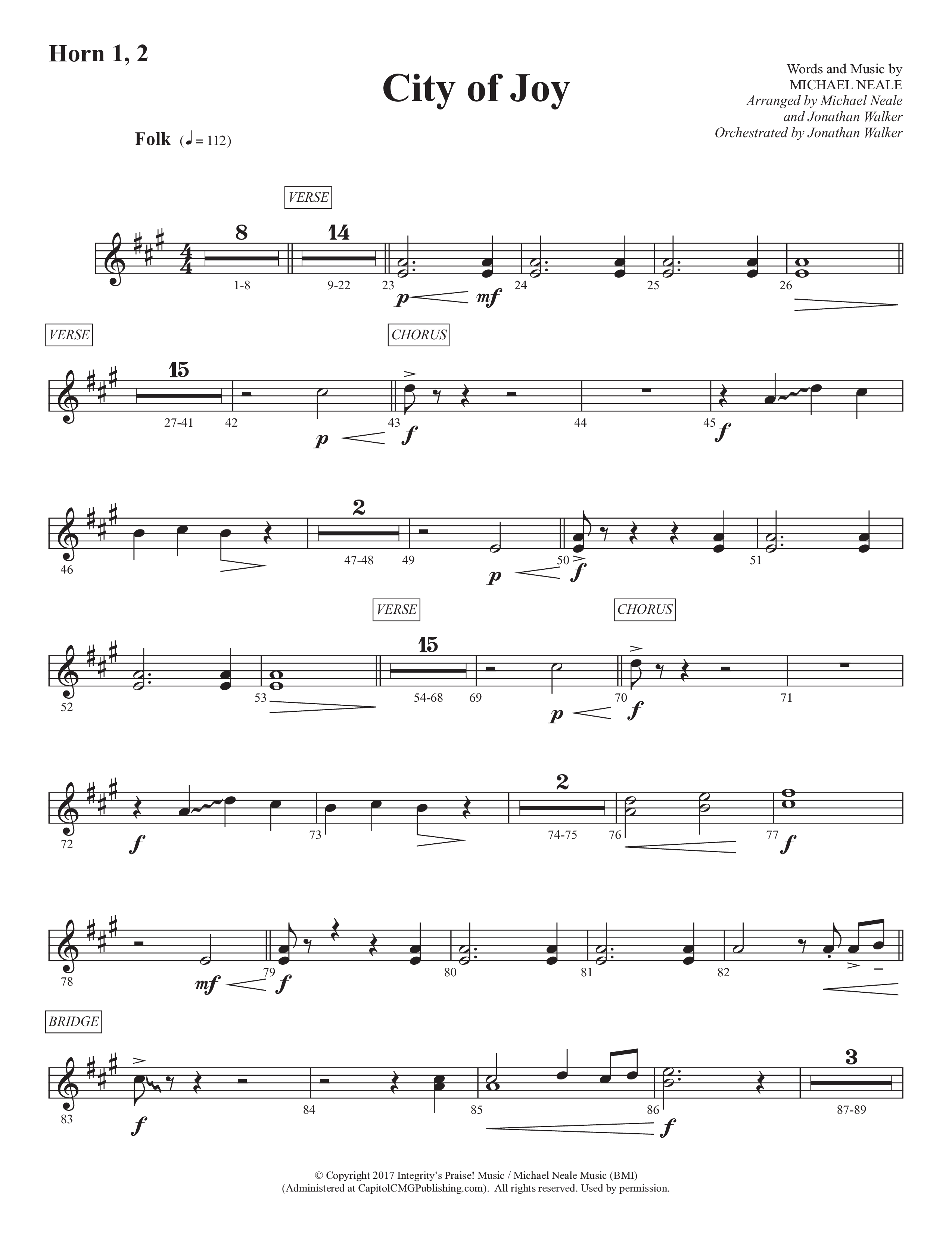 City Of Joy (Choral Anthem SATB) French Horn 1/2 (Prestonwood Worship / Prestonwood Choir / Arr. Michael Neale / Orch. Jonathan Walker)