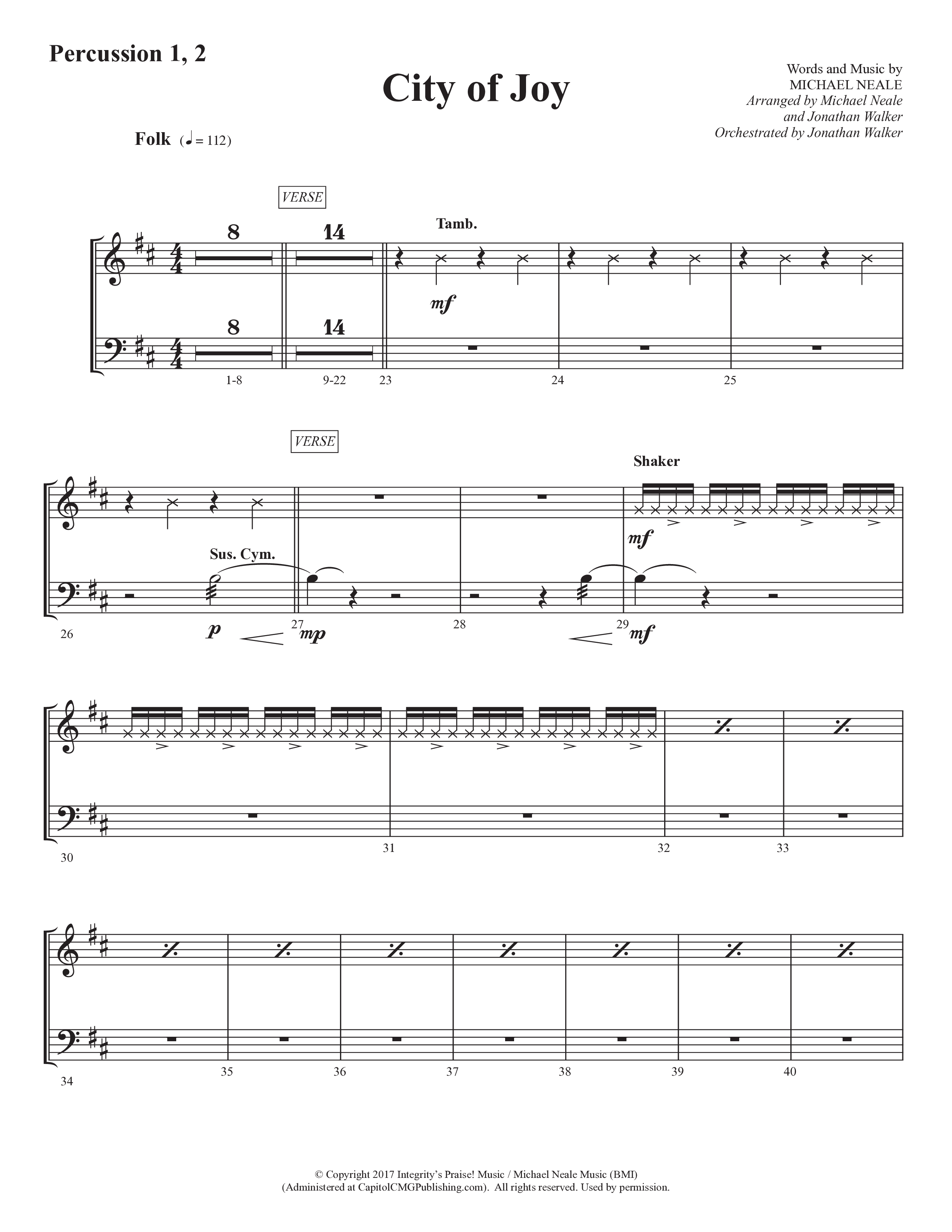 City Of Joy (Choral Anthem SATB) Percussion 1/2 (Prestonwood Worship / Prestonwood Choir / Arr. Michael Neale / Orch. Jonathan Walker)