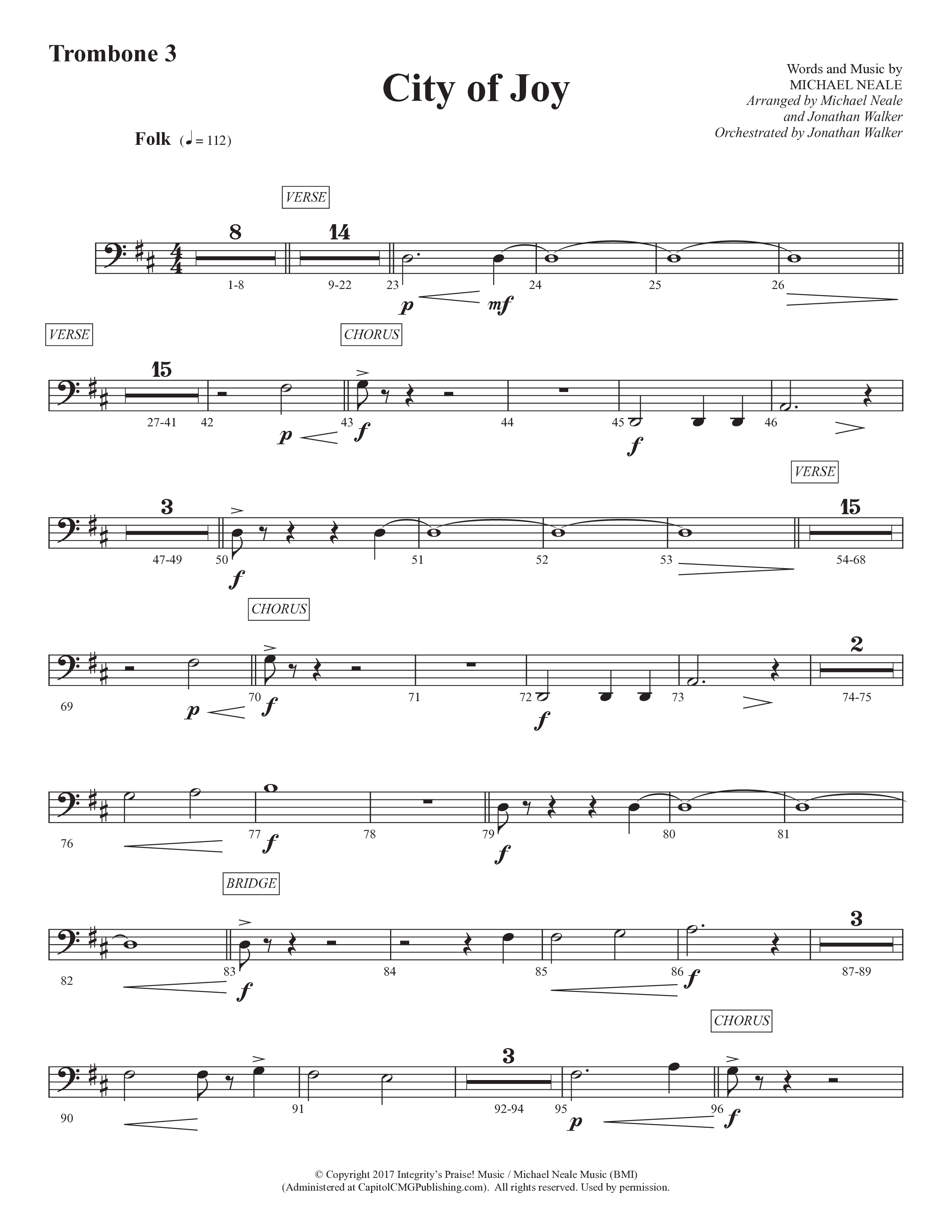 City Of Joy (Choral Anthem SATB) Trombone 3 (Prestonwood Worship / Prestonwood Choir / Arr. Michael Neale / Orch. Jonathan Walker)