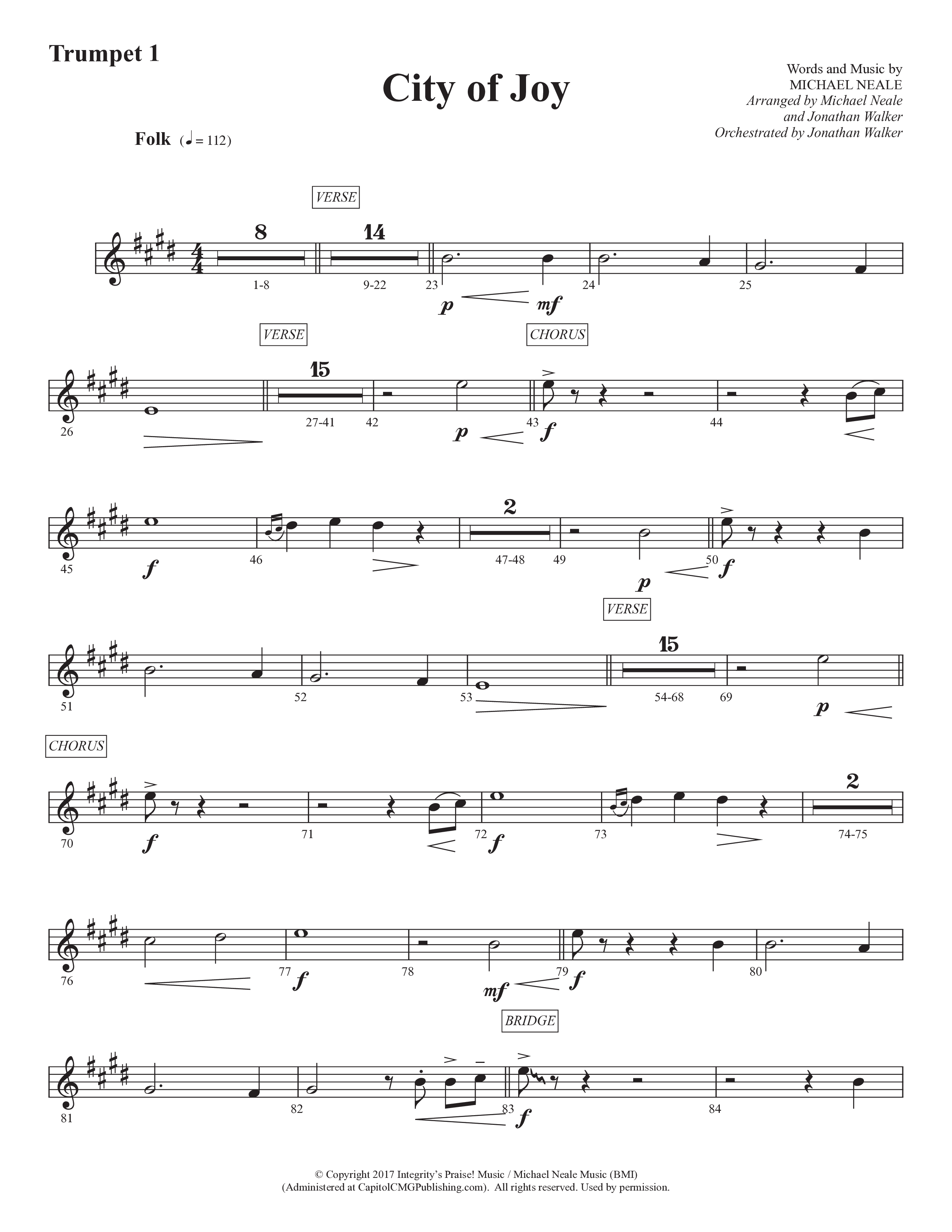 City Of Joy (Choral Anthem SATB) Trumpet 1 (Prestonwood Worship / Prestonwood Choir / Arr. Michael Neale / Orch. Jonathan Walker)