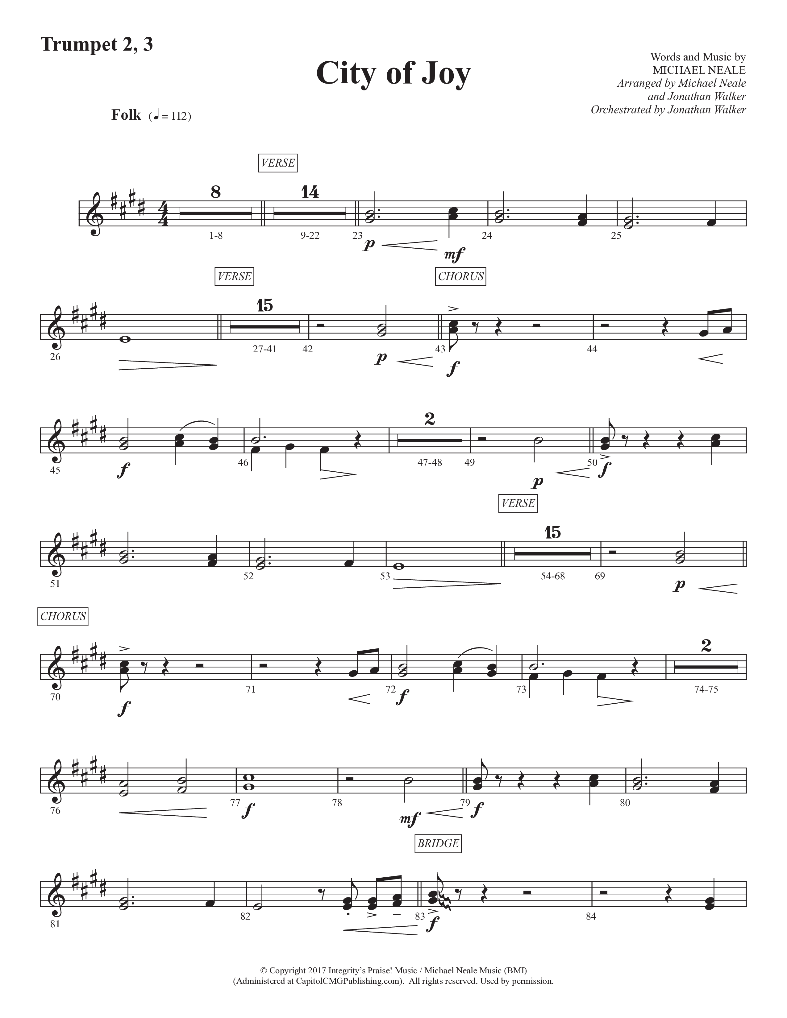 City Of Joy (Choral Anthem SATB) Trumpet 2/3 (Prestonwood Worship / Prestonwood Choir / Arr. Michael Neale / Orch. Jonathan Walker)