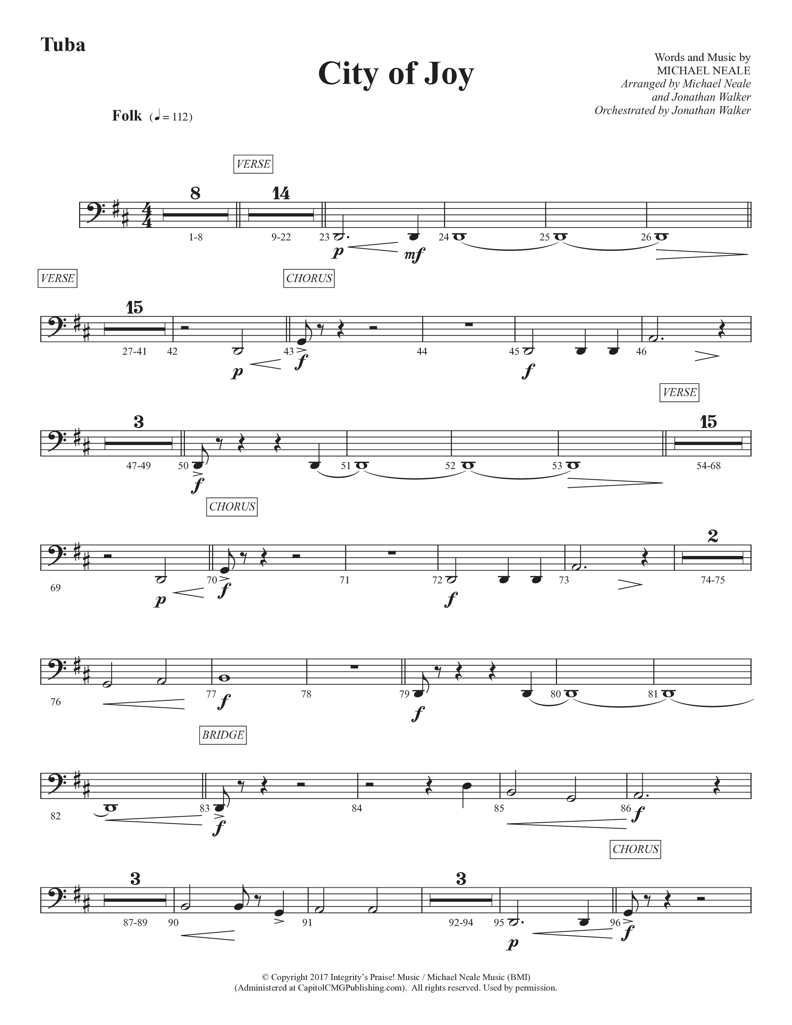 City Of Joy (Choral Anthem SATB) Tuba (Prestonwood Worship / Prestonwood Choir / Arr. Michael Neale / Orch. Jonathan Walker)