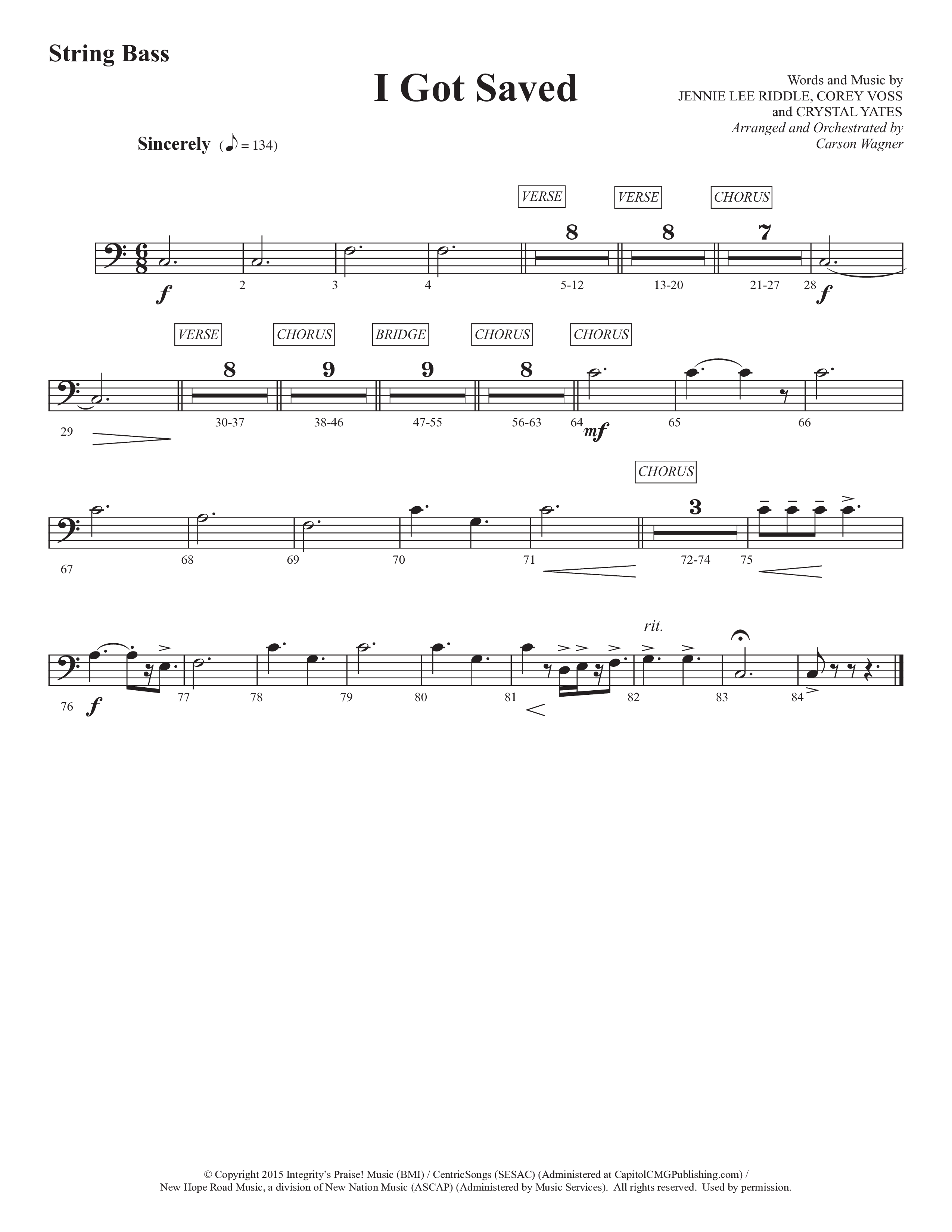 I Got Saved (Choral Anthem SATB) String Bass (Prestonwood Worship / Prestonwood Choir / Arr. Carson Wagner)