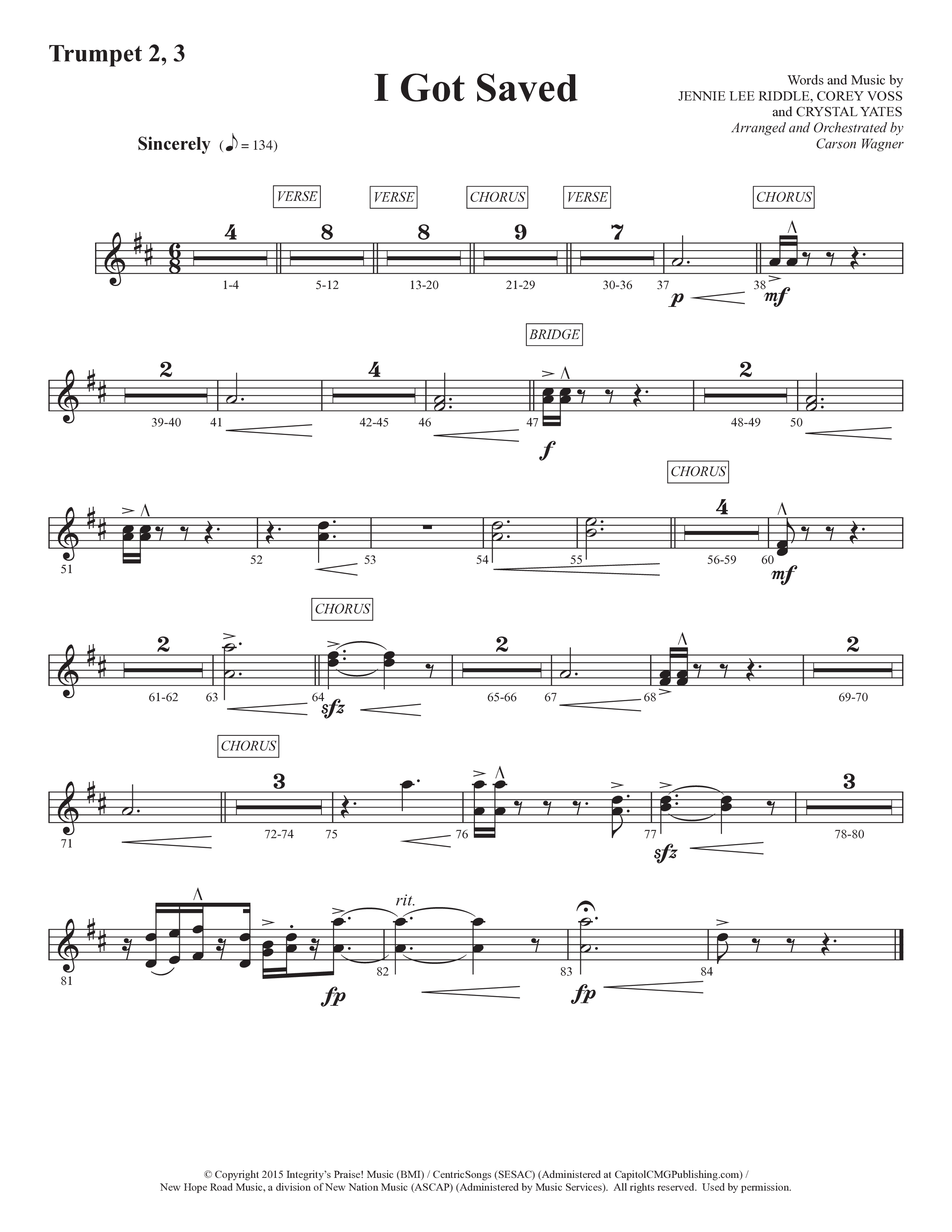 I Got Saved (Choral Anthem SATB) Trumpet 2/3 (Prestonwood Worship / Prestonwood Choir / Arr. Carson Wagner)