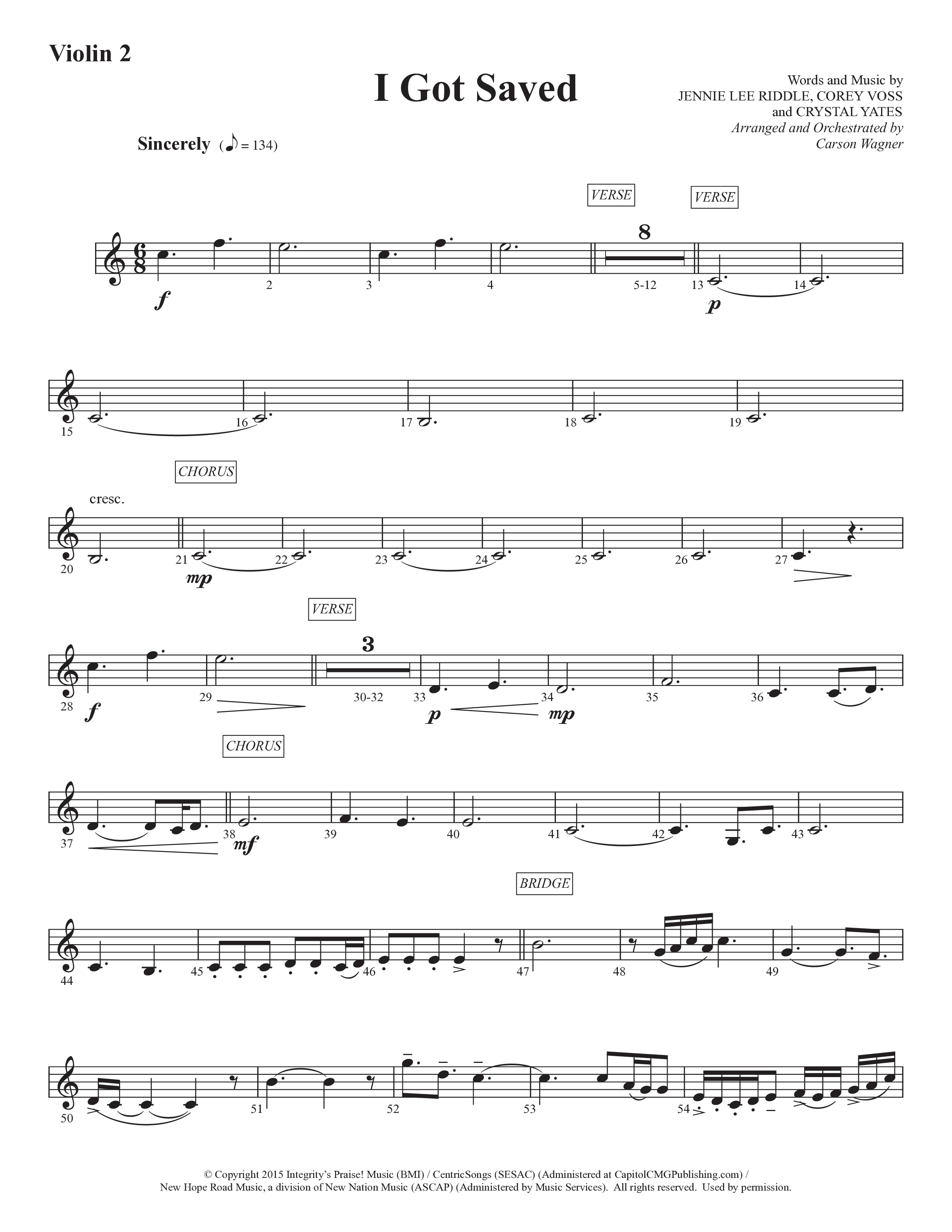 I Got Saved (Choral Anthem SATB) Violin 2 (Prestonwood Worship / Prestonwood Choir / Arr. Carson Wagner)
