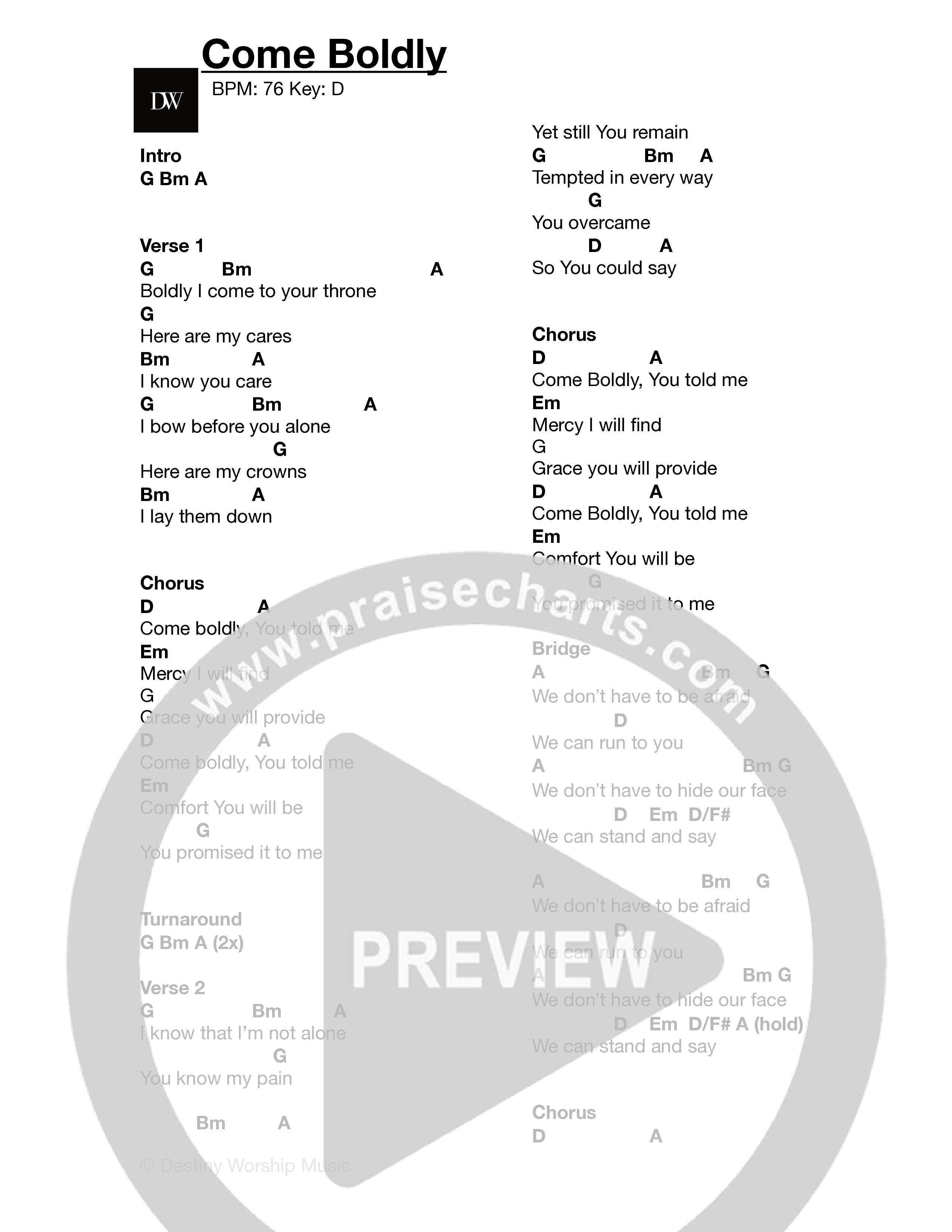 Come Boldly (Radio) Chord Chart (Destiny Worship Music)