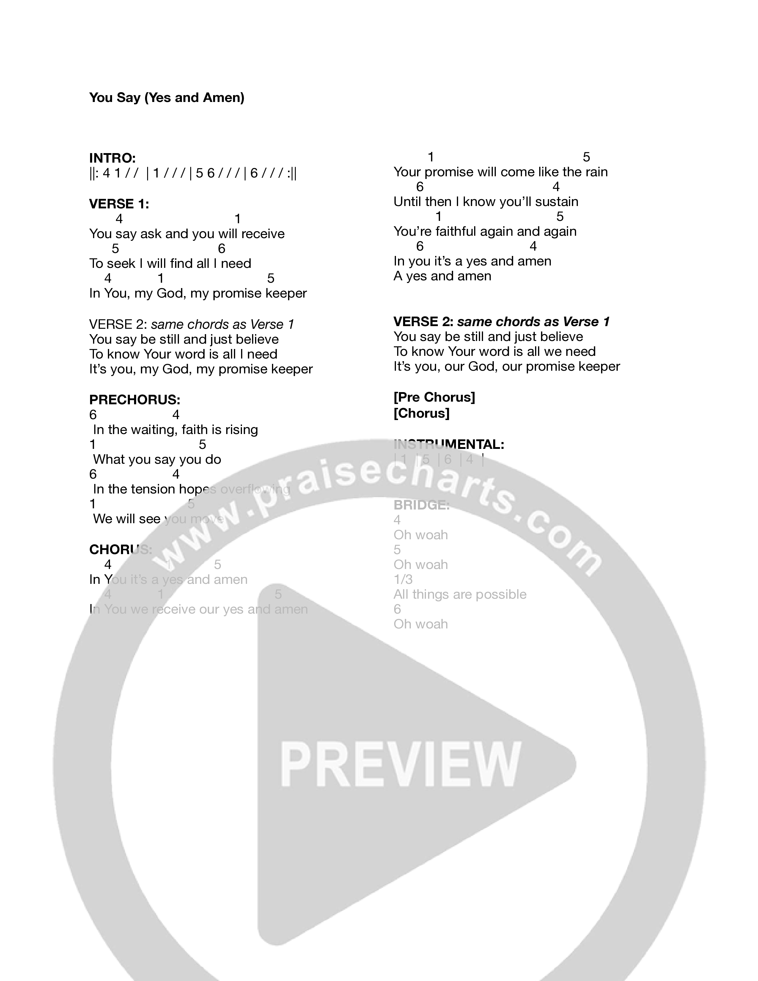 Yes And Amen (Live) Chord Chart (Every Nation Music)