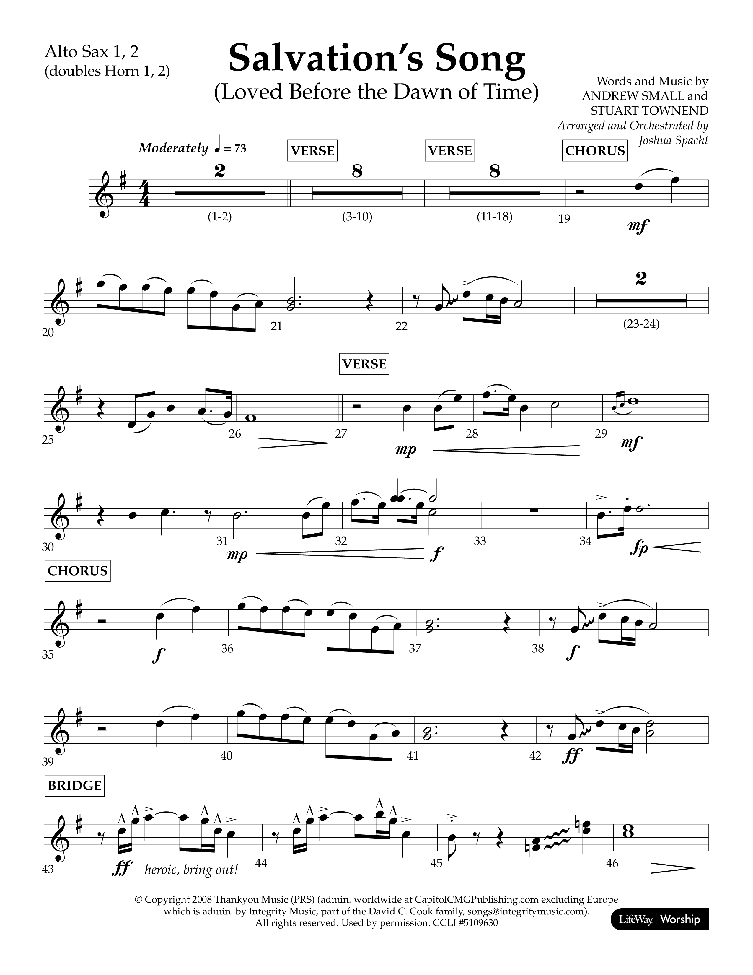 Loved Before The Dawn Of Time (Salvation's Song) (Choral Anthem SATB) Alto Sax 1/2 (Lifeway Choral / Arr. Joshua Spacht)