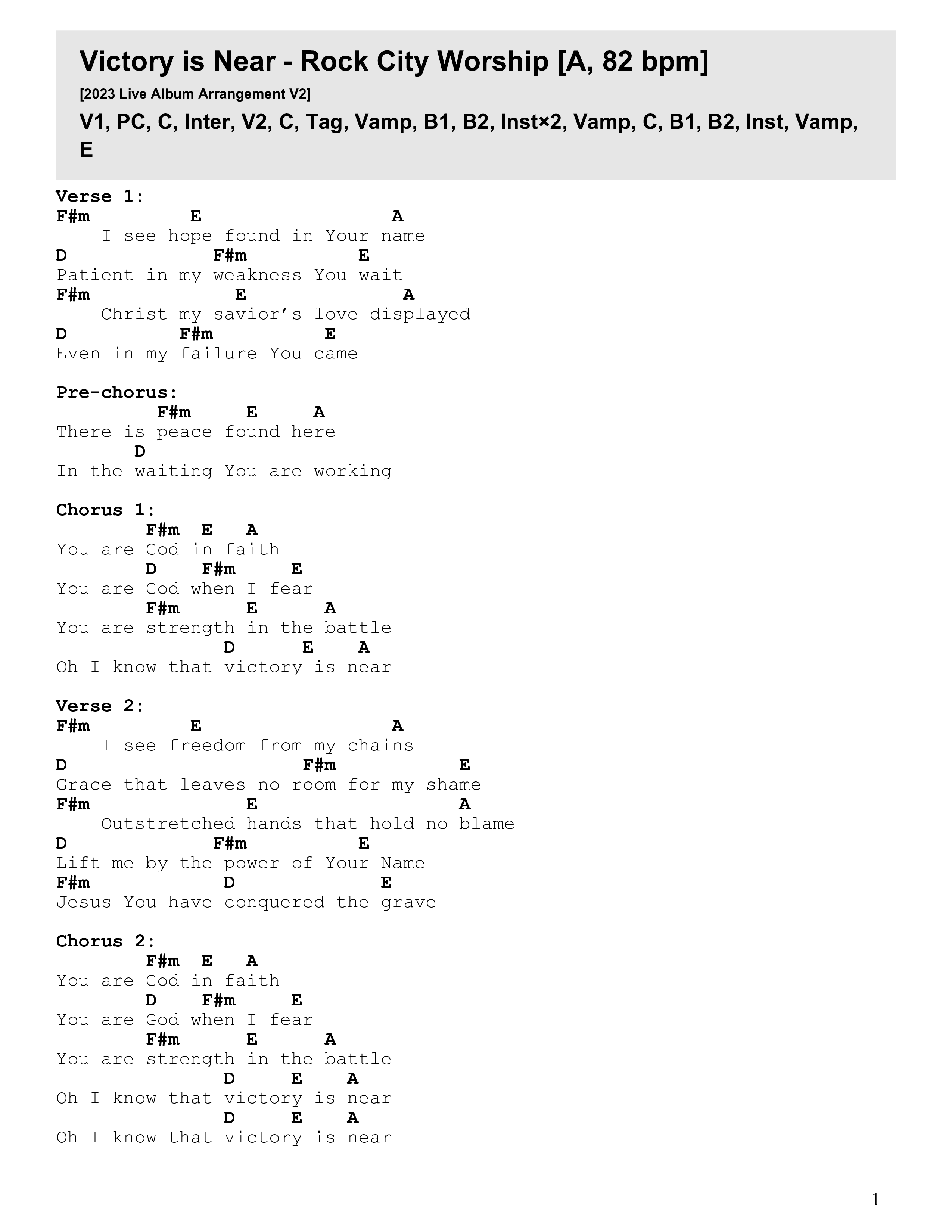 Victory Is Near (Live) Chord Chart (Rock City Worship)
