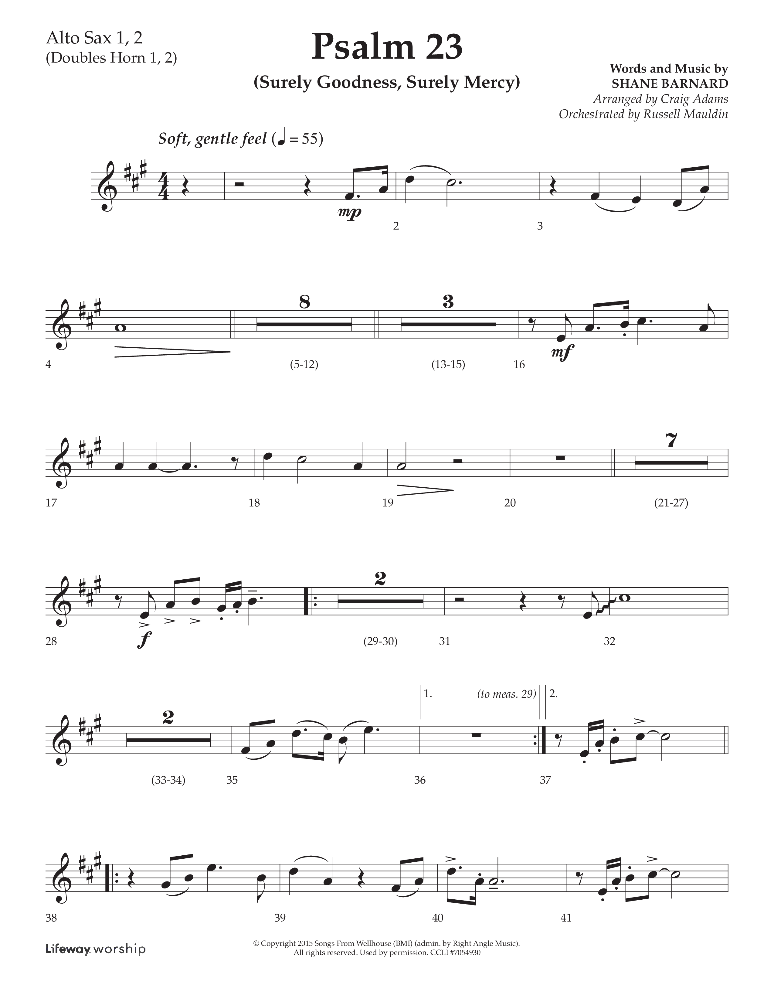 Psalm 23 (Surely Goodness) (Choral Anthem SATB) Alto Sax 1/2 (Lifeway Choral / Arr. Craig Adams / Orch. Russell Mauldin)
