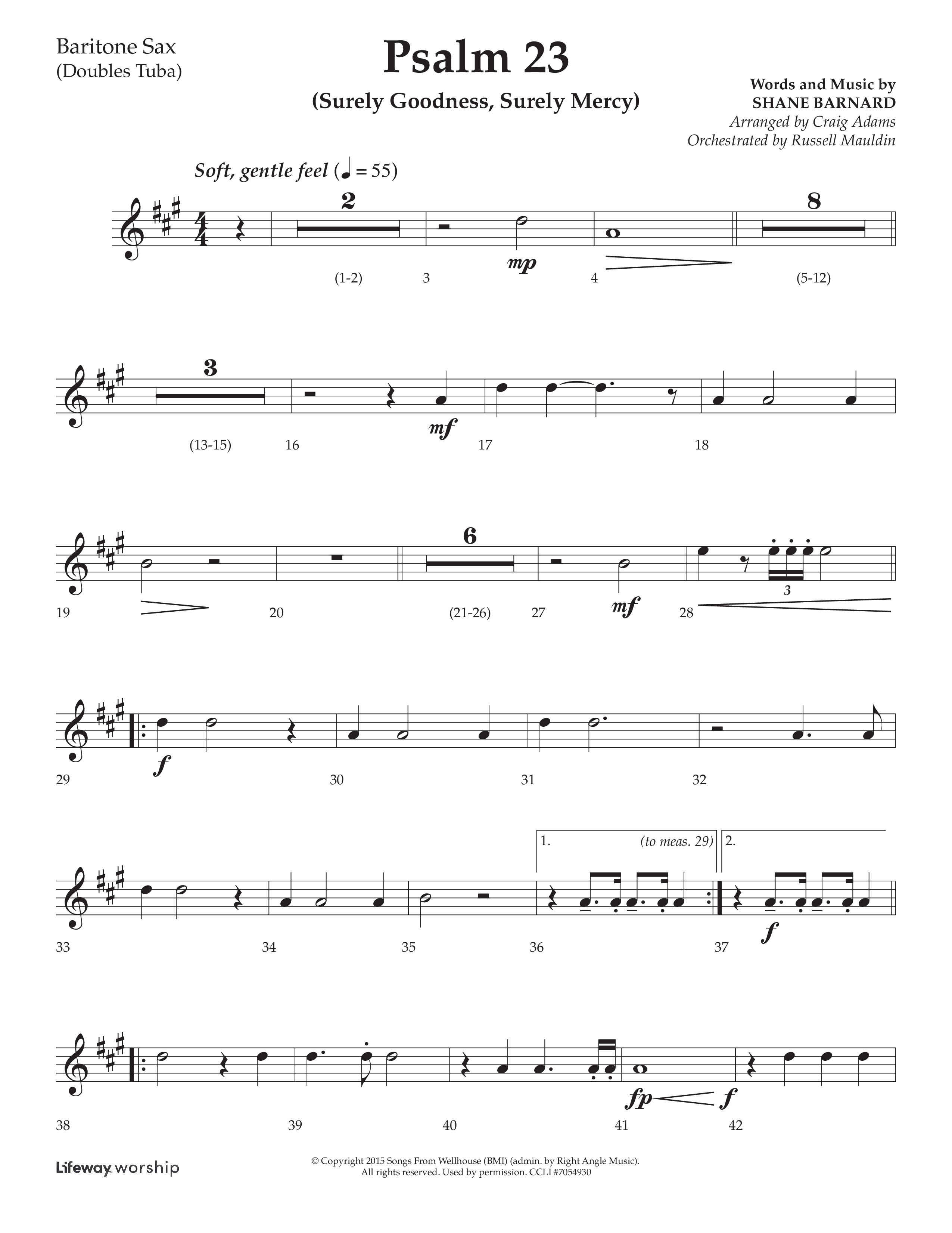 Psalm 23 (Surely Goodness) (Choral Anthem SATB) Bari Sax (Lifeway Choral / Arr. Craig Adams / Orch. Russell Mauldin)