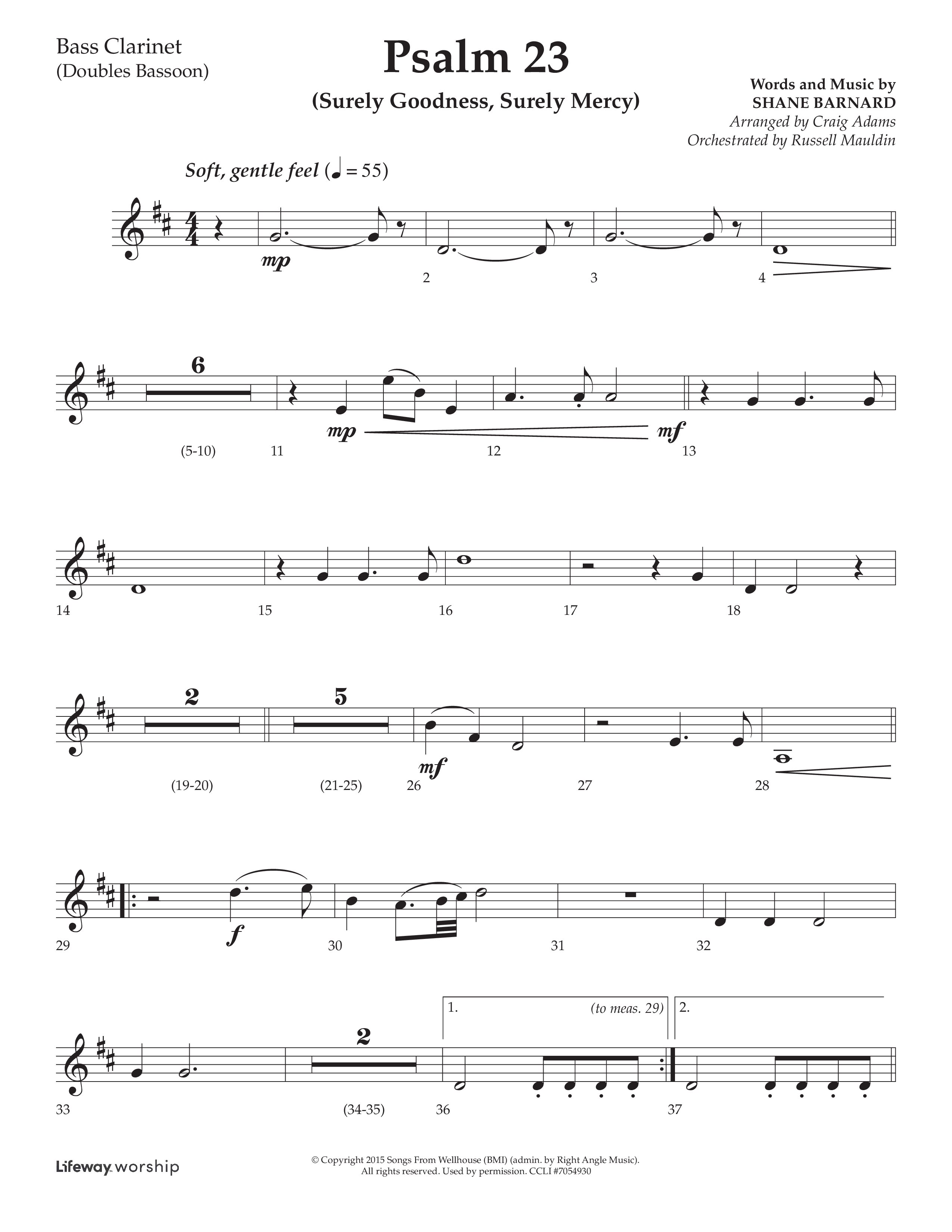 Psalm 23 (Surely Goodness) (Choral Anthem SATB) Bass Clarinet (Lifeway Choral / Arr. Craig Adams / Orch. Russell Mauldin)
