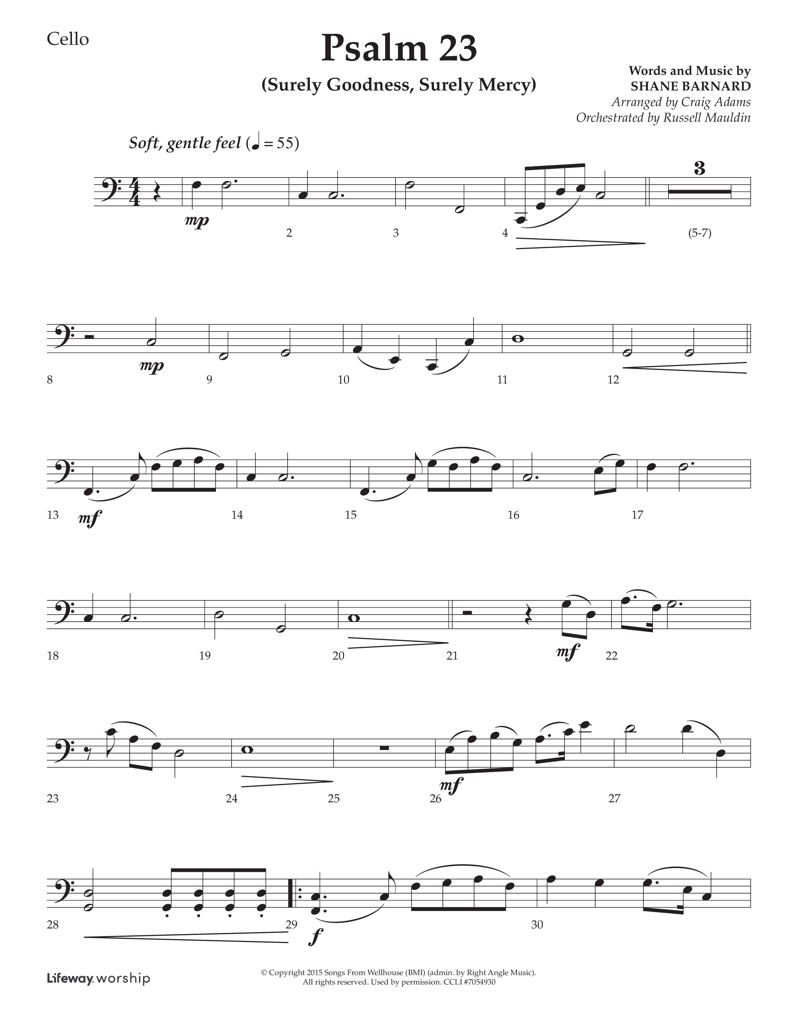 Psalm 23 (Surely Goodness) (Choral Anthem SATB) Cello (Lifeway Choral / Arr. Craig Adams / Orch. Russell Mauldin)