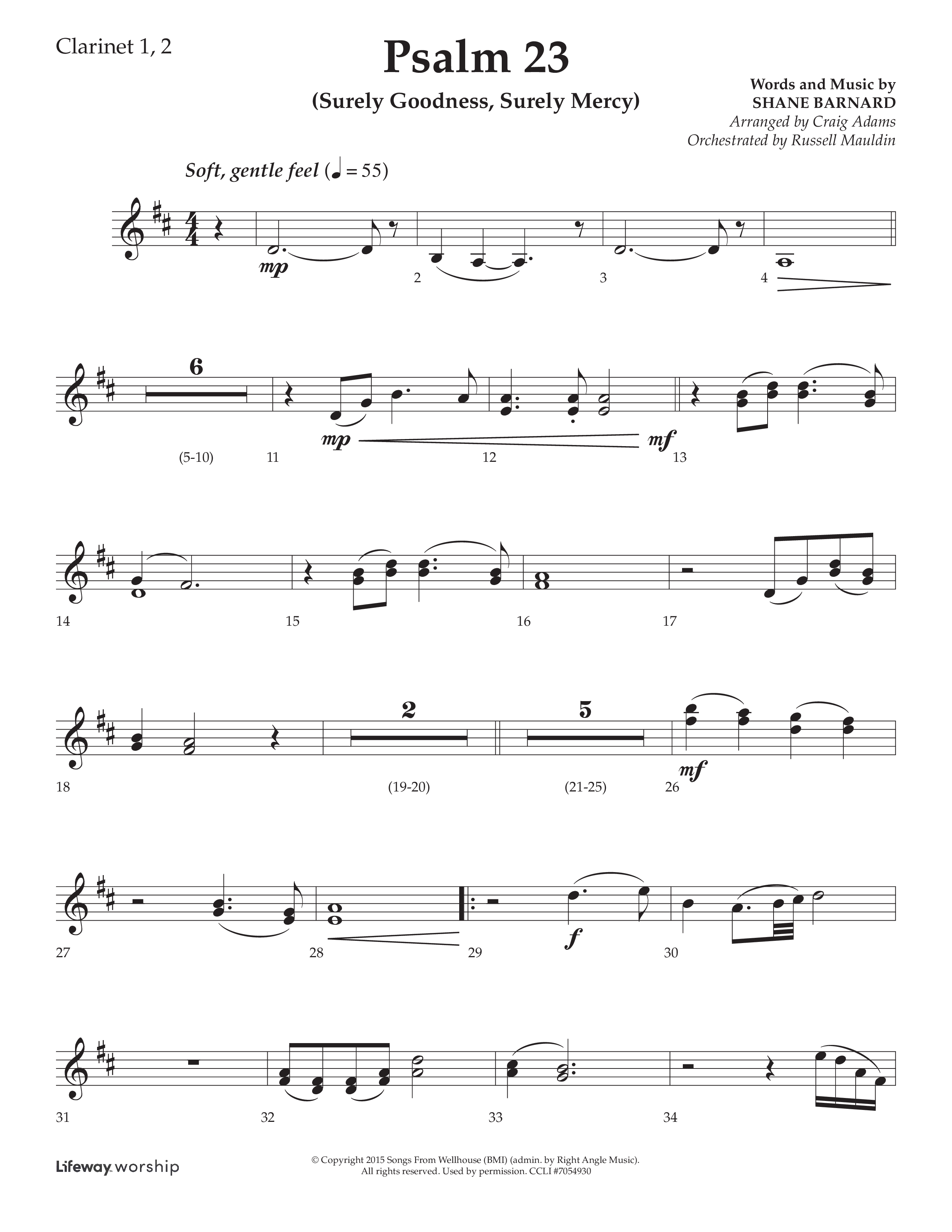 Psalm 23 (Surely Goodness) (Choral Anthem SATB) Clarinet 1/2 (Lifeway Choral / Arr. Craig Adams / Orch. Russell Mauldin)