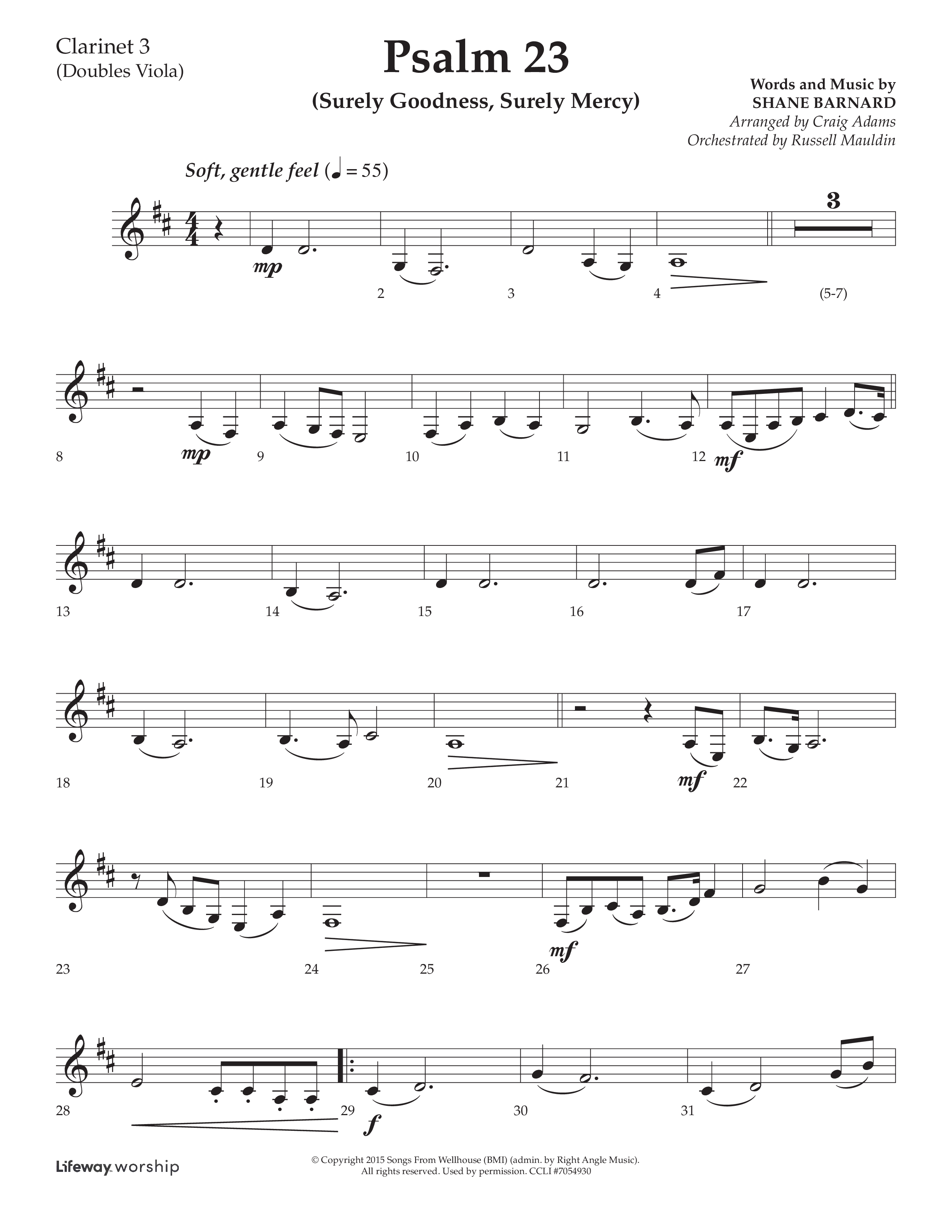 Psalm 23 (Surely Goodness) (Choral Anthem SATB) Clarinet 3 (Lifeway Choral / Arr. Craig Adams / Orch. Russell Mauldin)