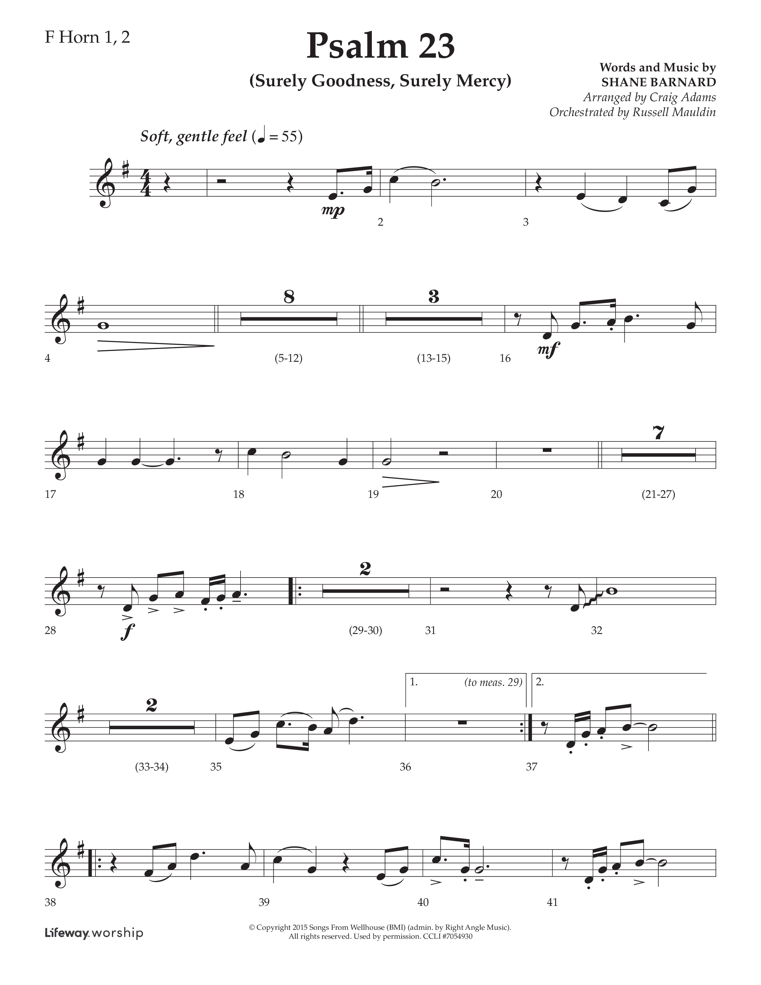 Psalm 23 (Surely Goodness) (Choral Anthem SATB) French Horn 1/2 (Lifeway Choral / Arr. Craig Adams / Orch. Russell Mauldin)