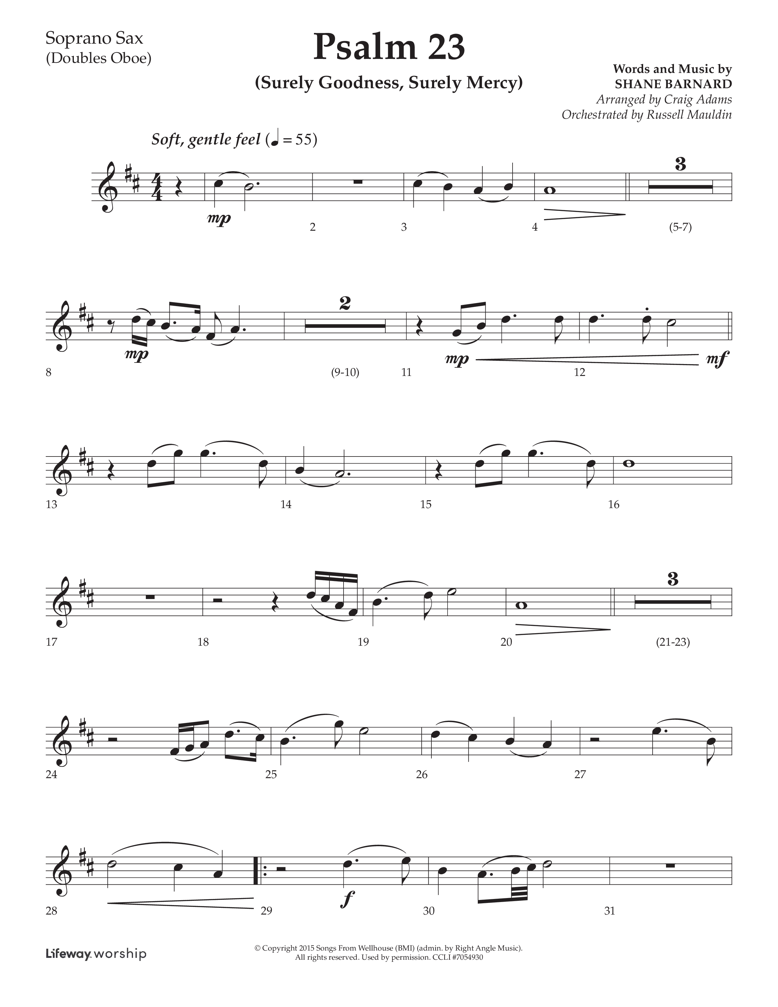 Psalm 23 (Surely Goodness) (Choral Anthem SATB) Soprano Sax (Lifeway Choral / Arr. Craig Adams / Orch. Russell Mauldin)