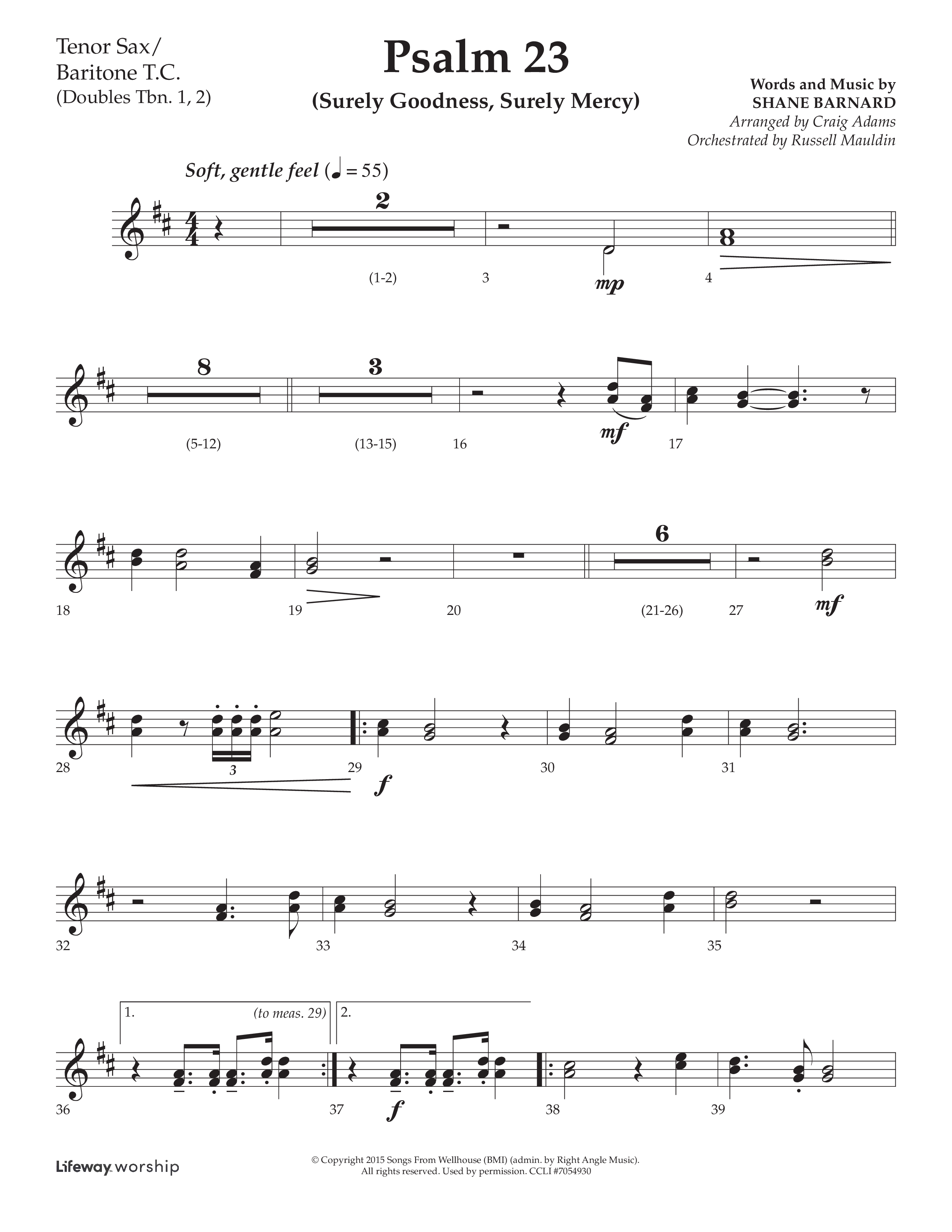 Psalm 23 (Surely Goodness) (Choral Anthem SATB) Tenor Sax/Baritone T.C. (Lifeway Choral / Arr. Craig Adams / Orch. Russell Mauldin)