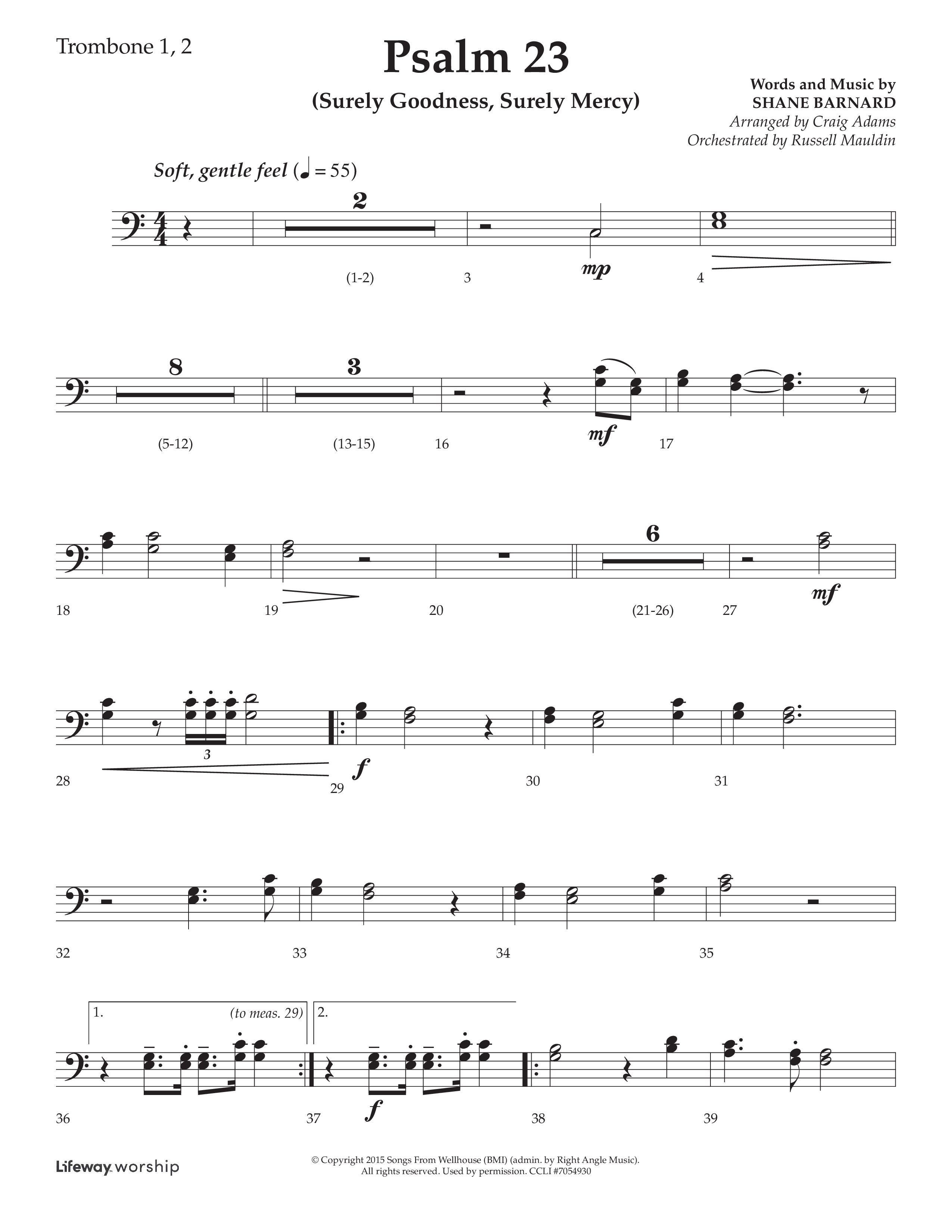 Psalm 23 (Surely Goodness) (Choral Anthem SATB) Trombone 1/2 (Lifeway Choral / Arr. Craig Adams / Orch. Russell Mauldin)