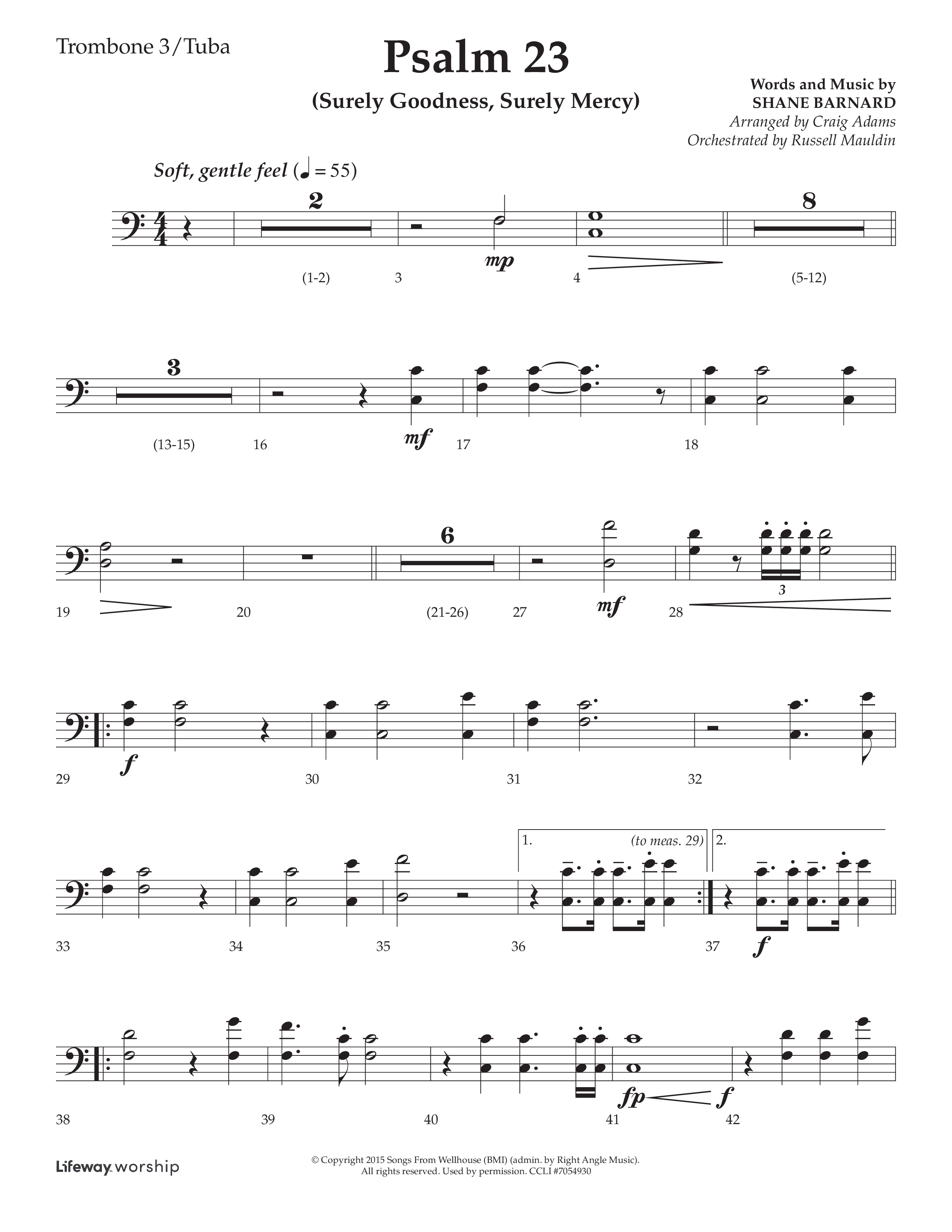 Psalm 23 (Surely Goodness) (Choral Anthem SATB) Trombone 3/Tuba (Lifeway Choral / Arr. Craig Adams / Orch. Russell Mauldin)