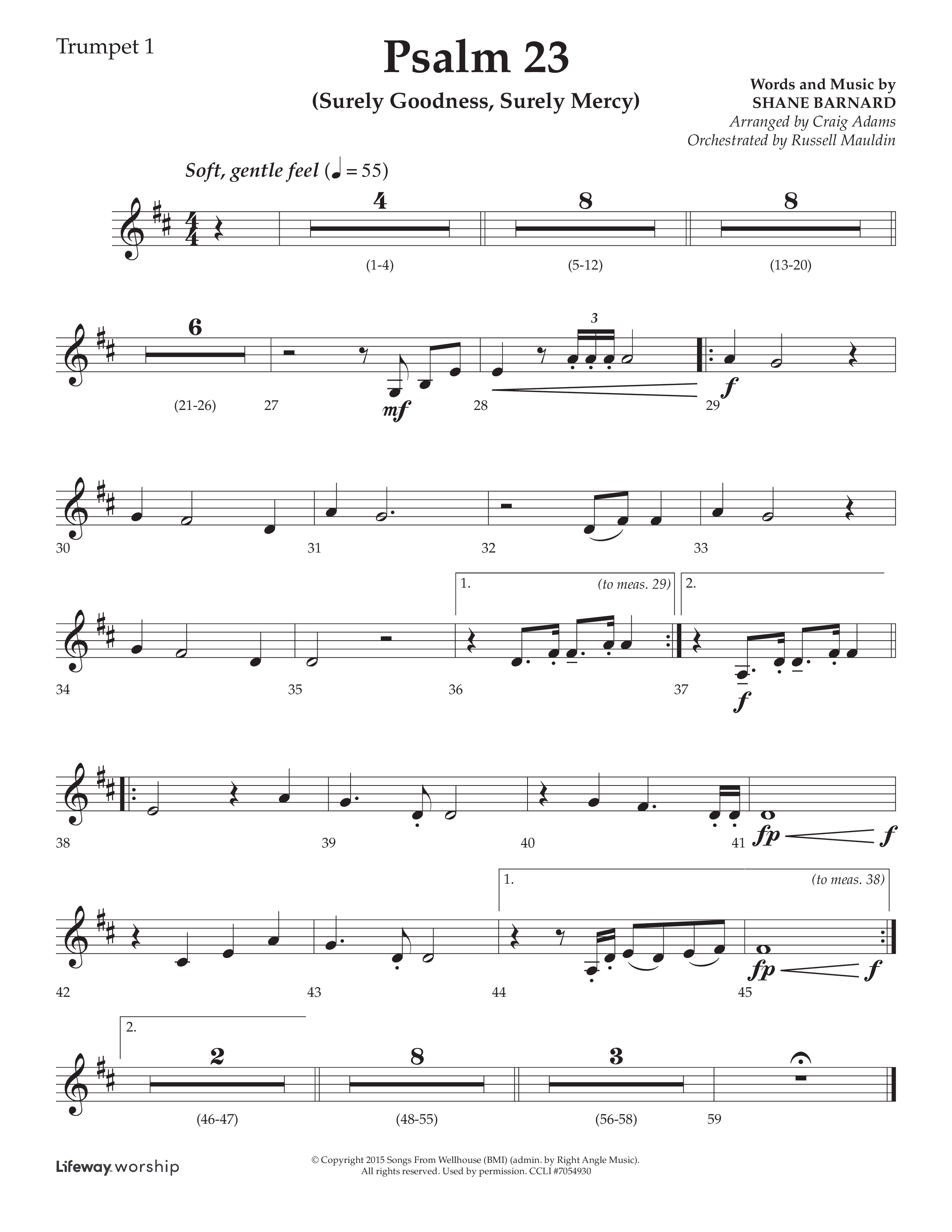 Psalm 23 (Surely Goodness) (Choral Anthem SATB) Trumpet 1 (Lifeway Choral / Arr. Craig Adams / Orch. Russell Mauldin)