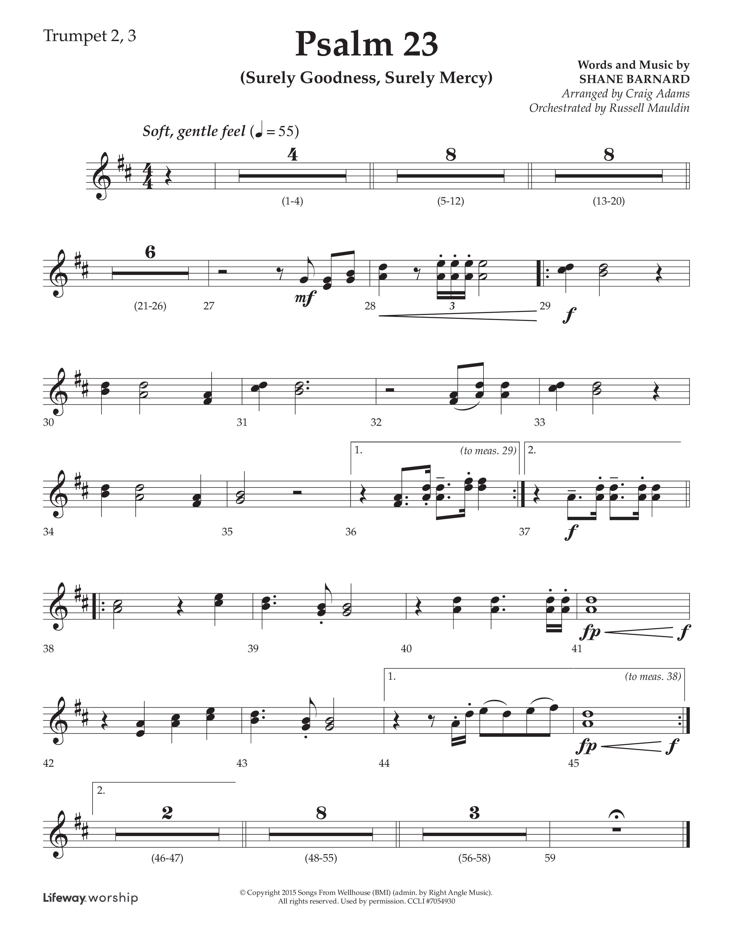 Psalm 23 (Surely Goodness) (Choral Anthem SATB) Trumpet 2/3 (Lifeway Choral / Arr. Craig Adams / Orch. Russell Mauldin)